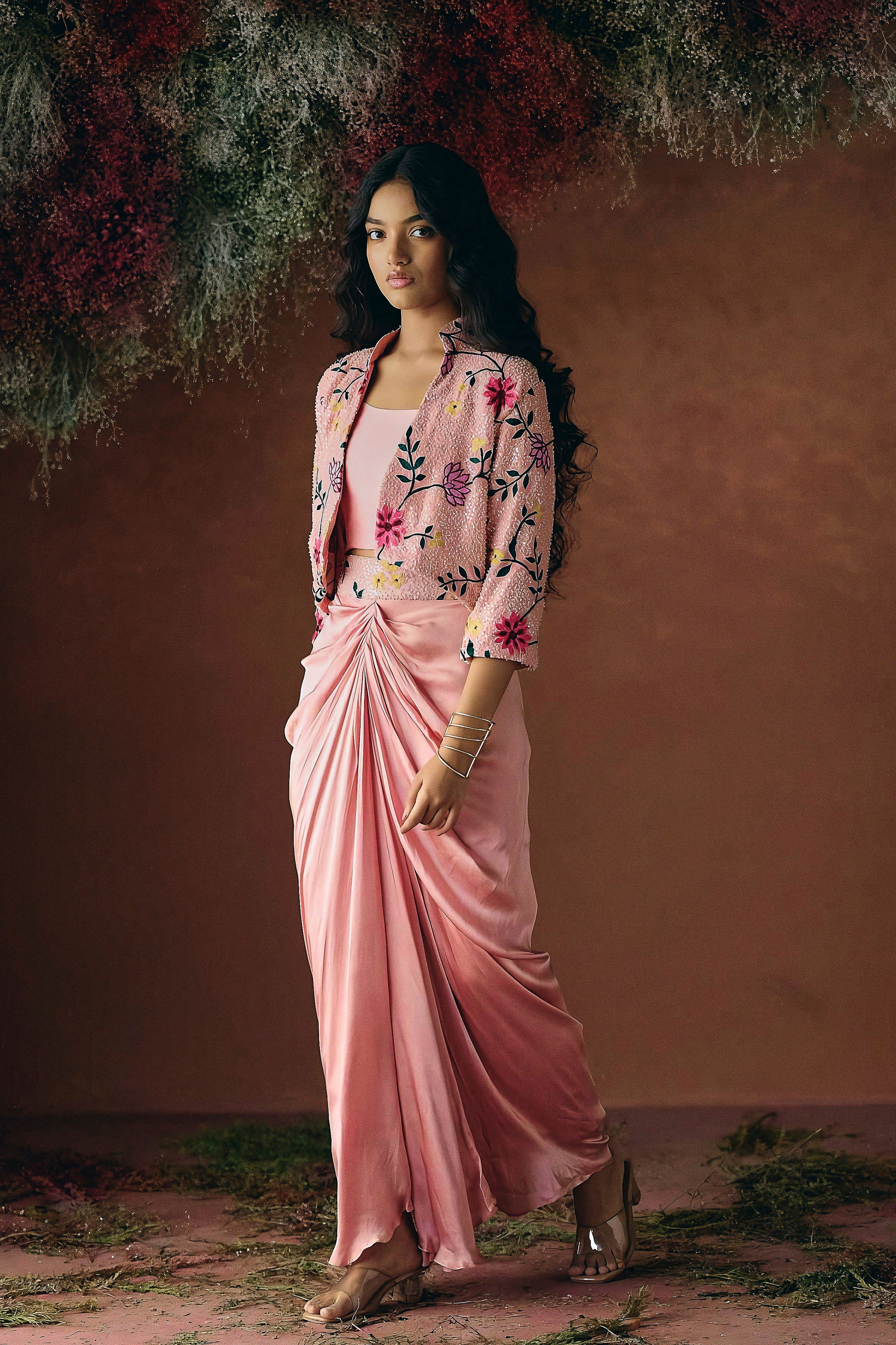 Dusty Rose Pink Embellished Satin Silk Skirt Set - Image 5