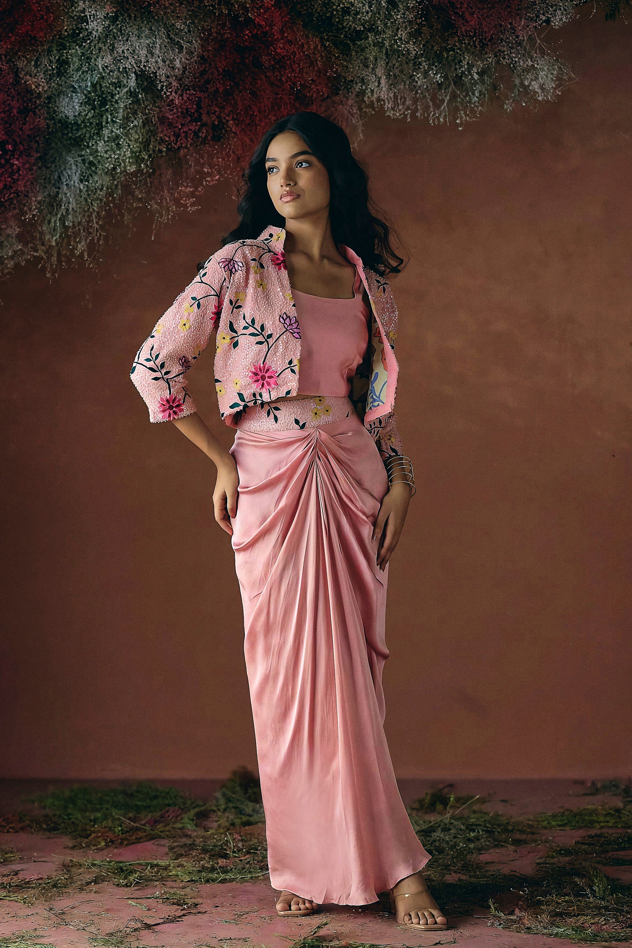 Dusty Rose Pink Embellished Satin Silk Skirt Set - Image 6
