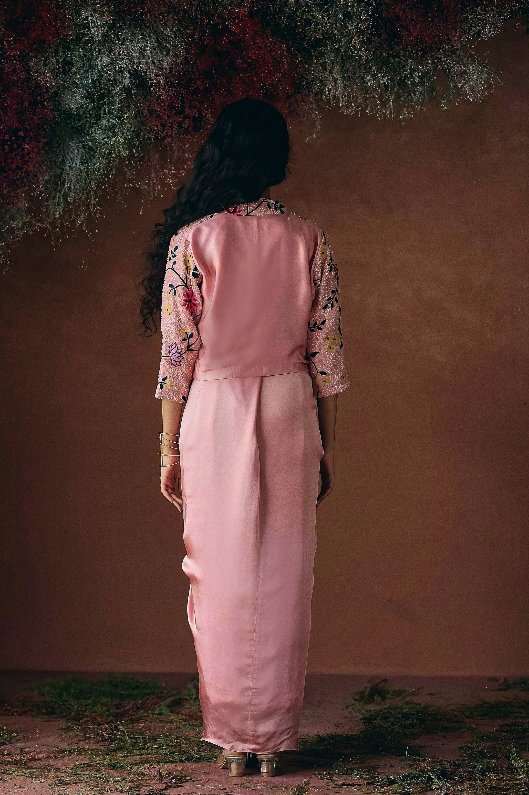 Dusty Rose Pink Embellished Satin Silk Skirt Set - Image 7