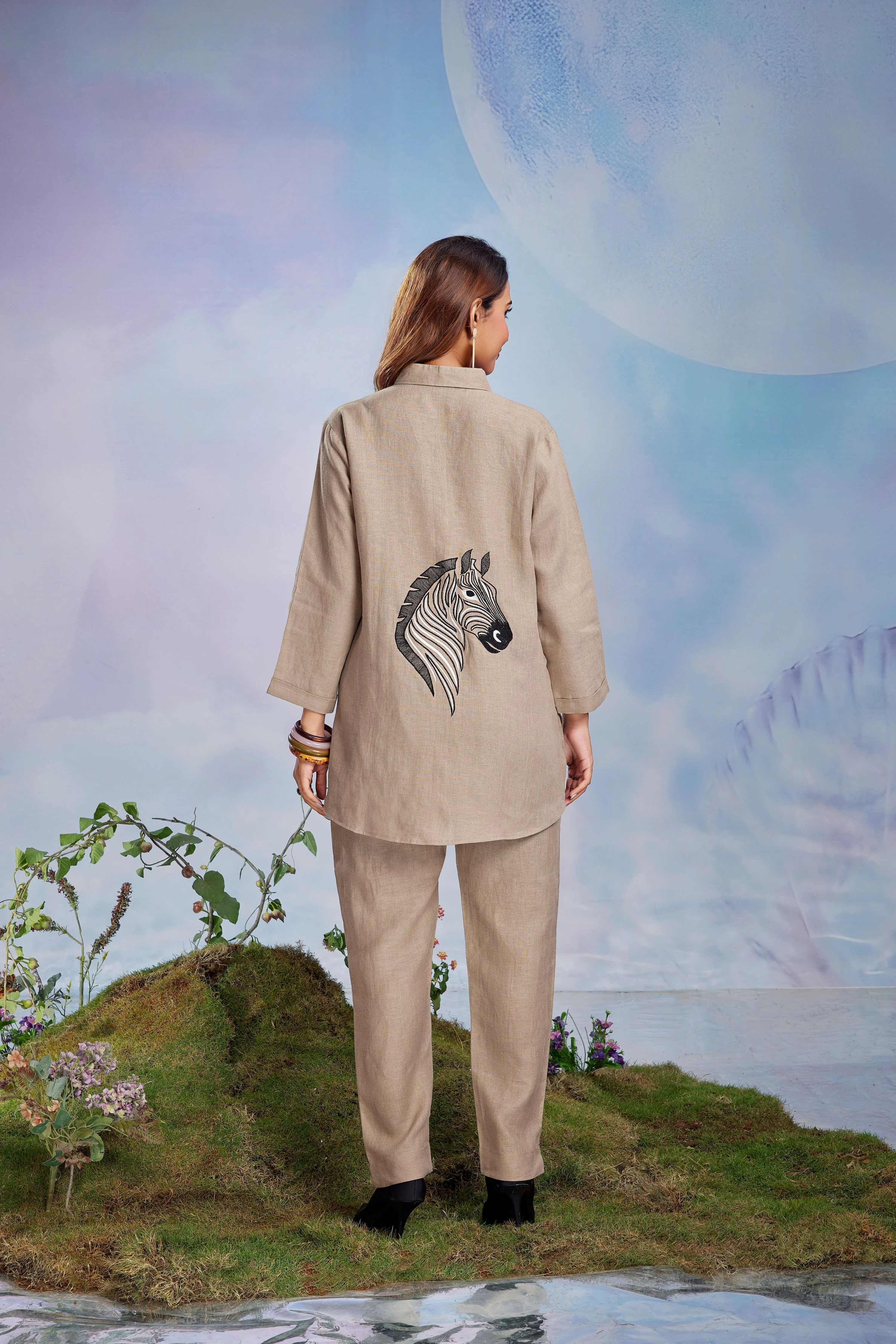 Sandstone Beige Embroidered Linen Co-Ord Set - Image 3