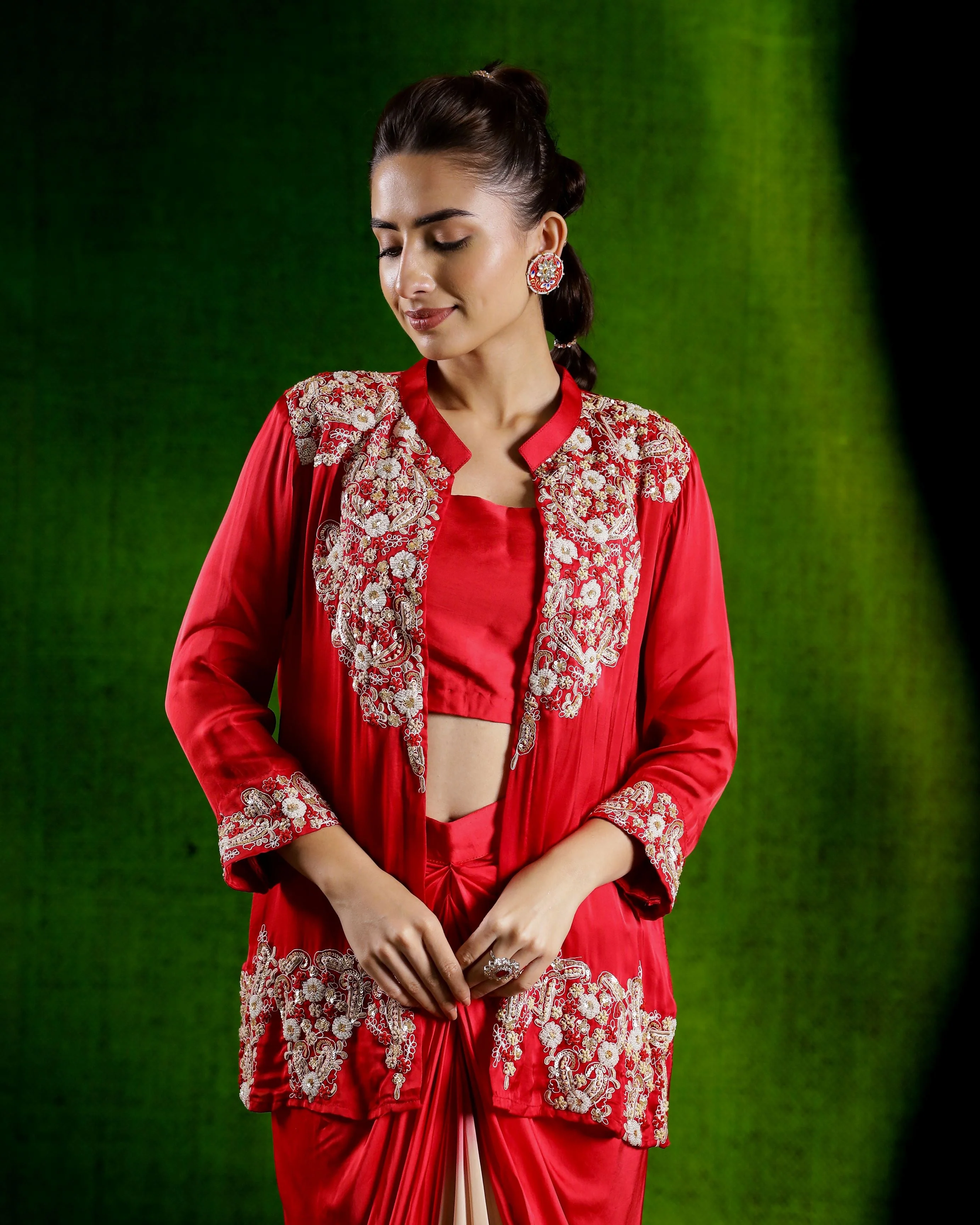 Red Embellished Satin Silk Drape Skirt Set - Image 2