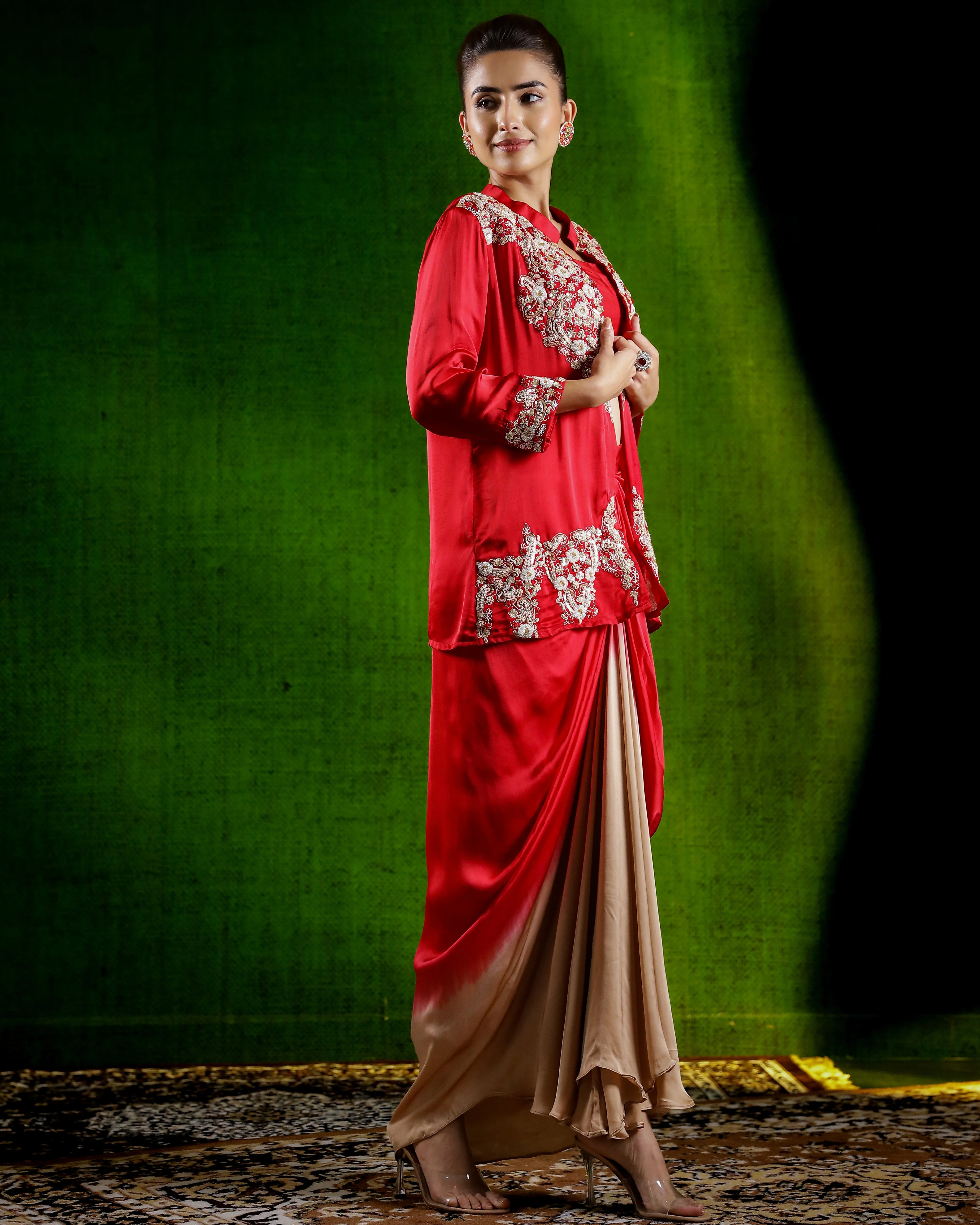 Red Embellished Satin Silk Drape Skirt Set - Image 3