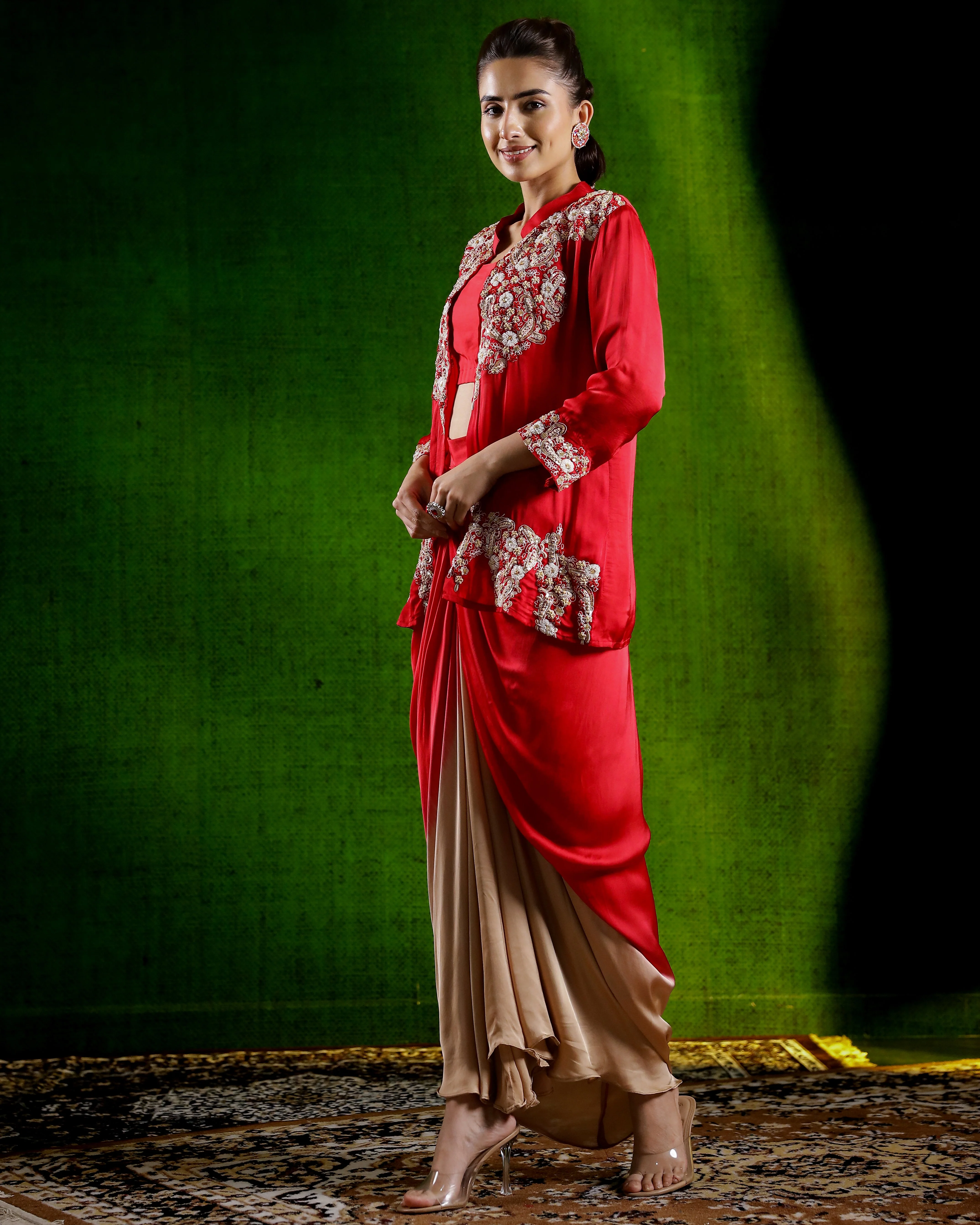 Red Embellished Satin Silk Drape Skirt Set - Image 4