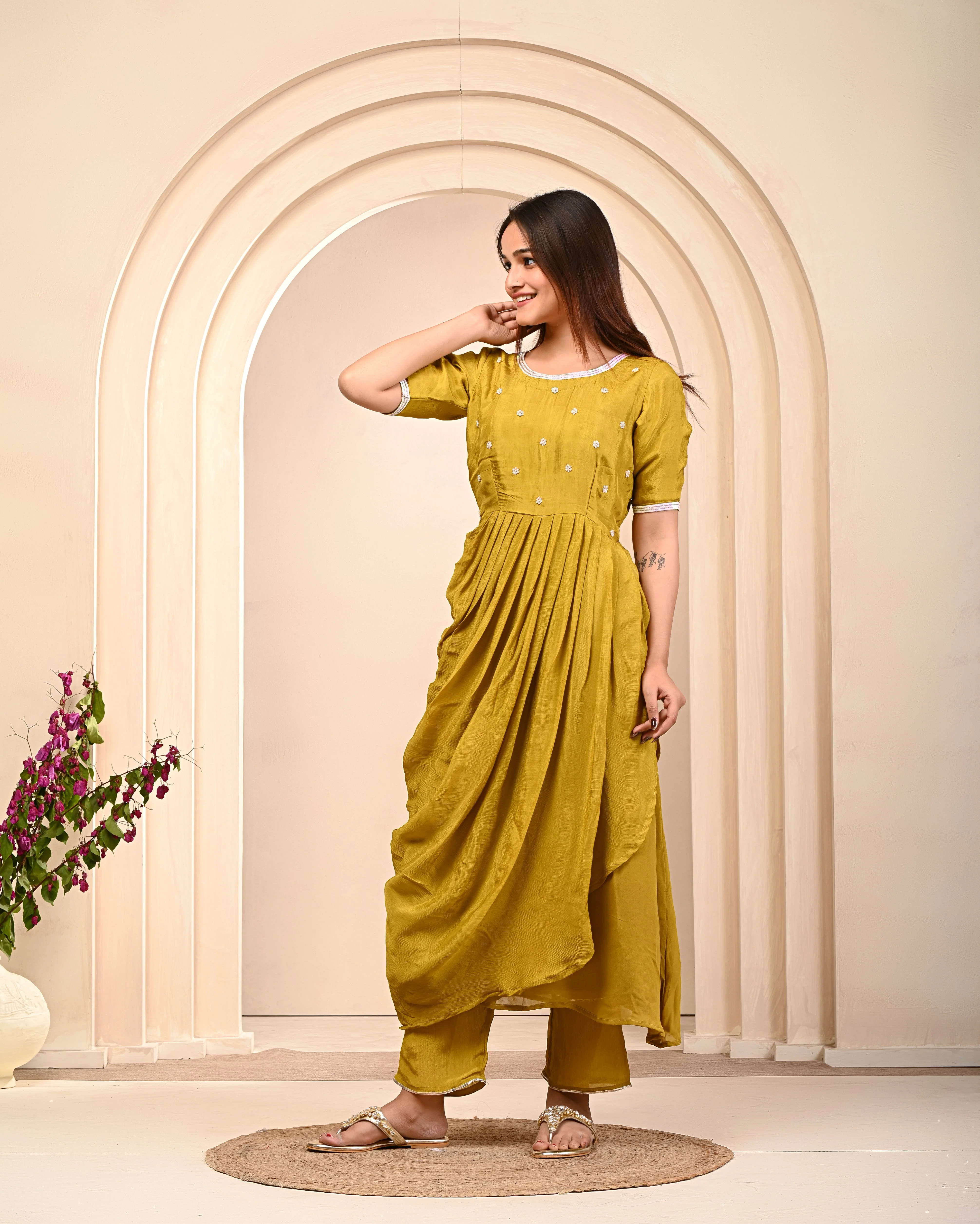 Pear Green Embellished Chinon Silk Kurta Pant Set - Image 4