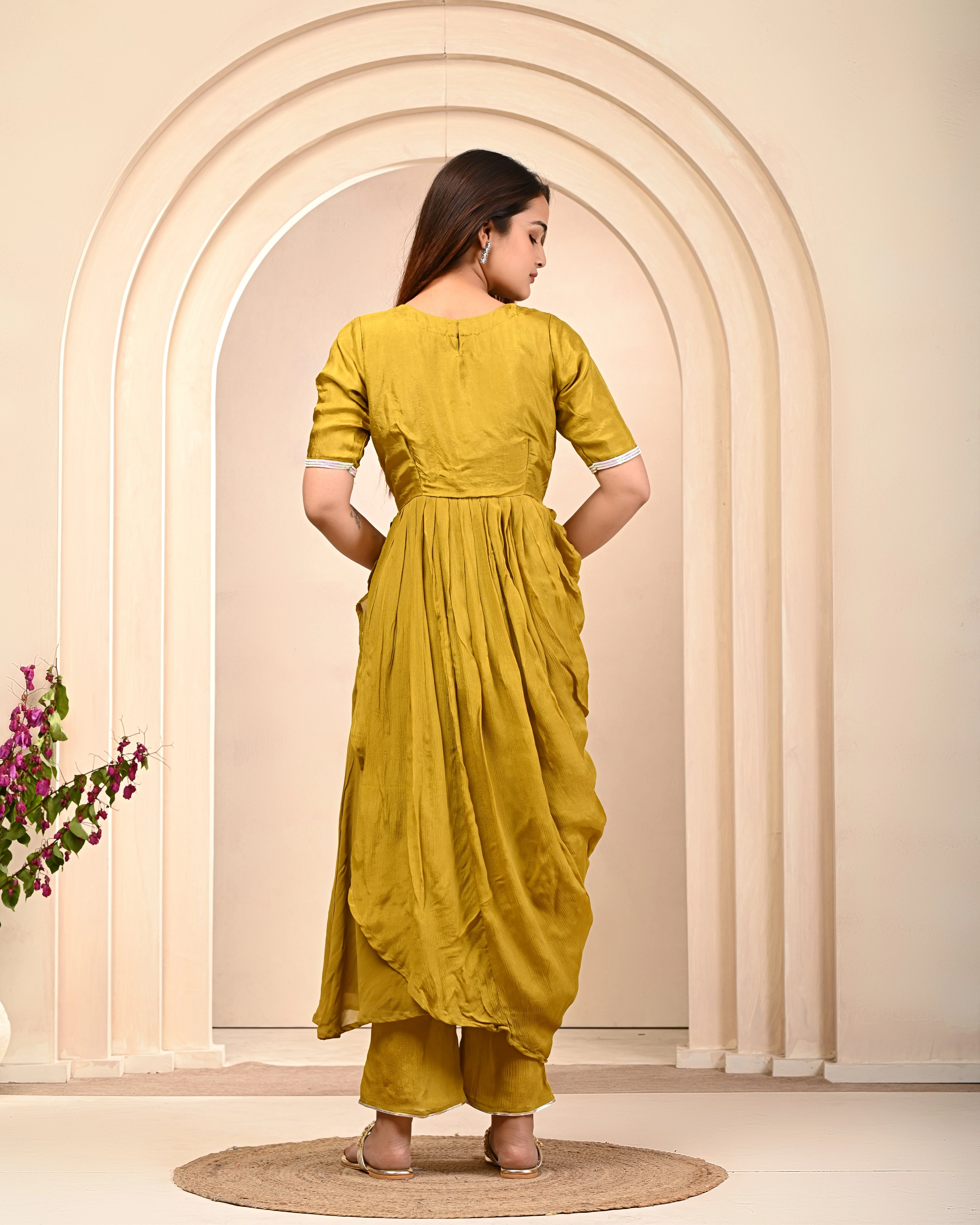 Pear Green Embellished Chinon Silk Kurta Pant Set - Image 5