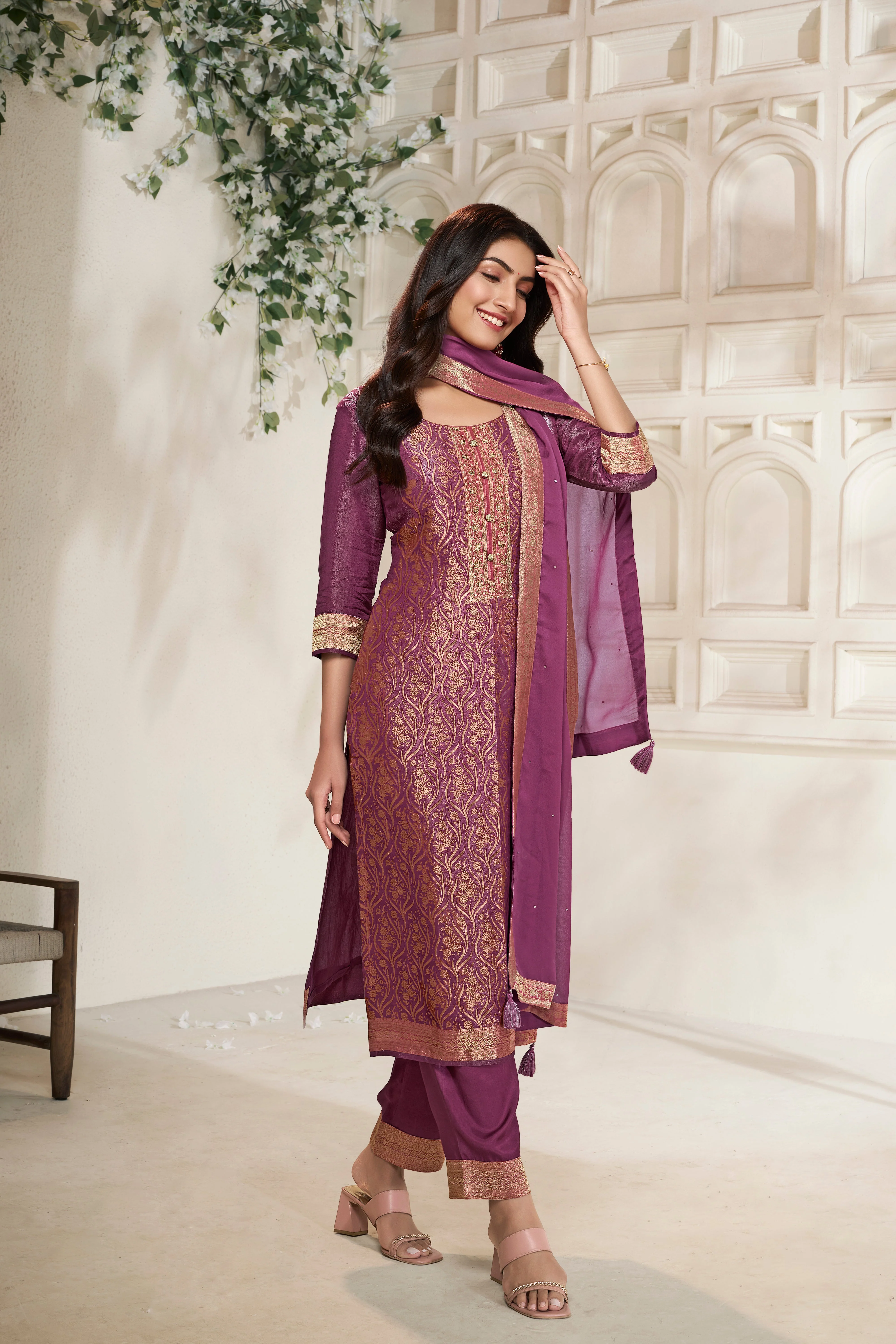 Deep Mauve Tissue Silk Kurta & Pant Set - Image 2