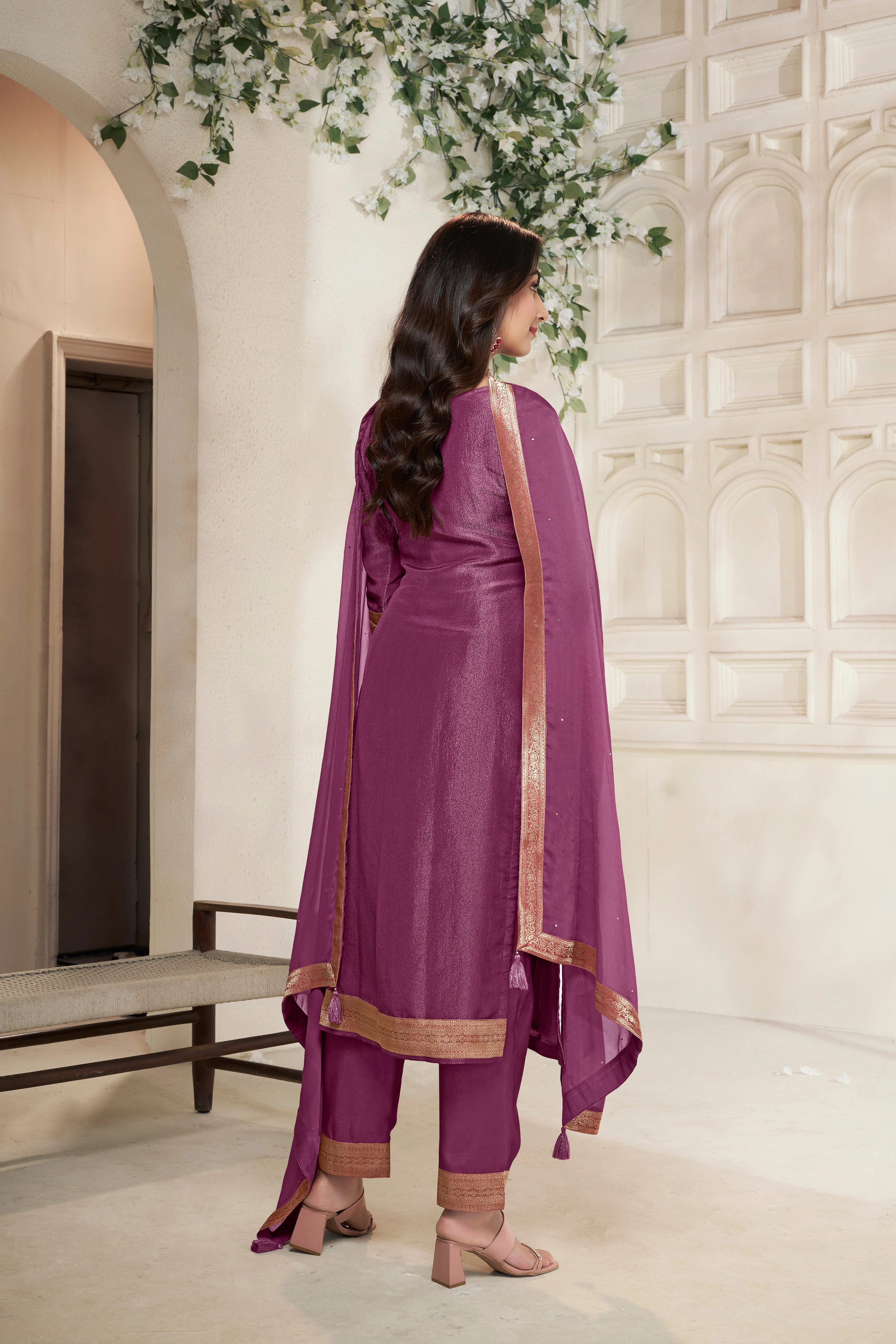 Deep Mauve Tissue Silk Kurta & Pant Set - Image 5