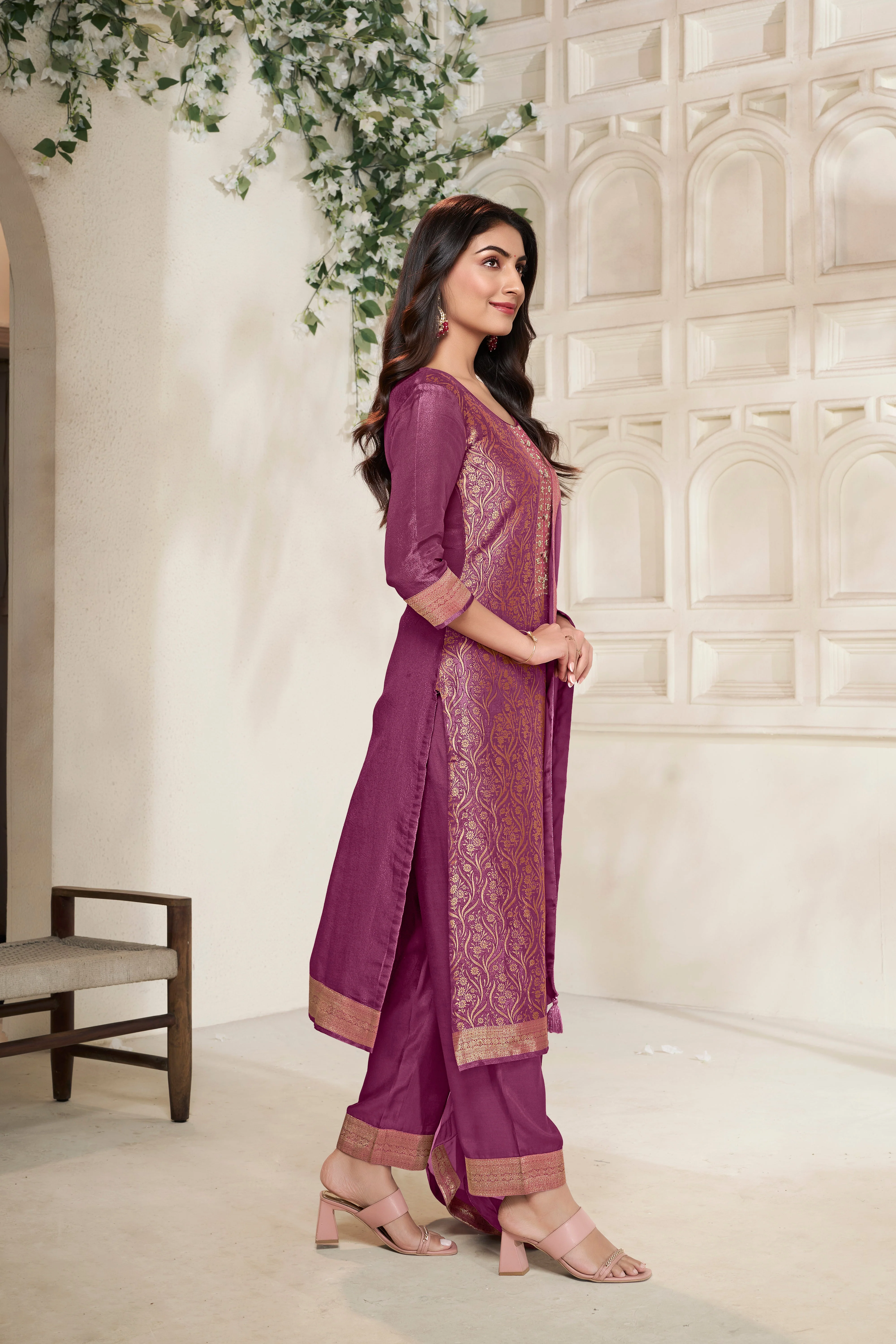 Deep Mauve Tissue Silk Kurta & Pant Set - Image 6
