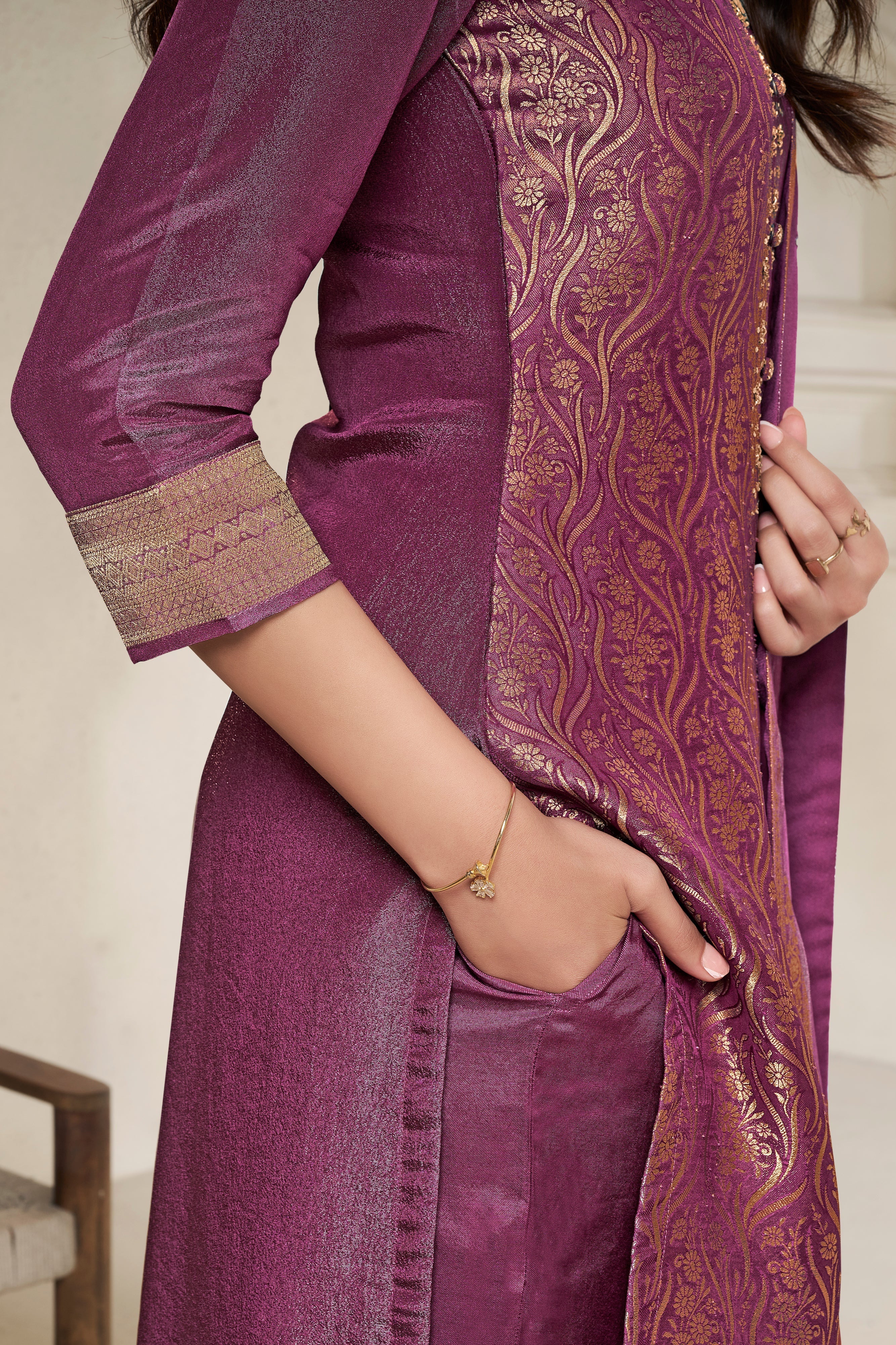 Deep Mauve Tissue Silk Kurta & Pant Set - Image 7