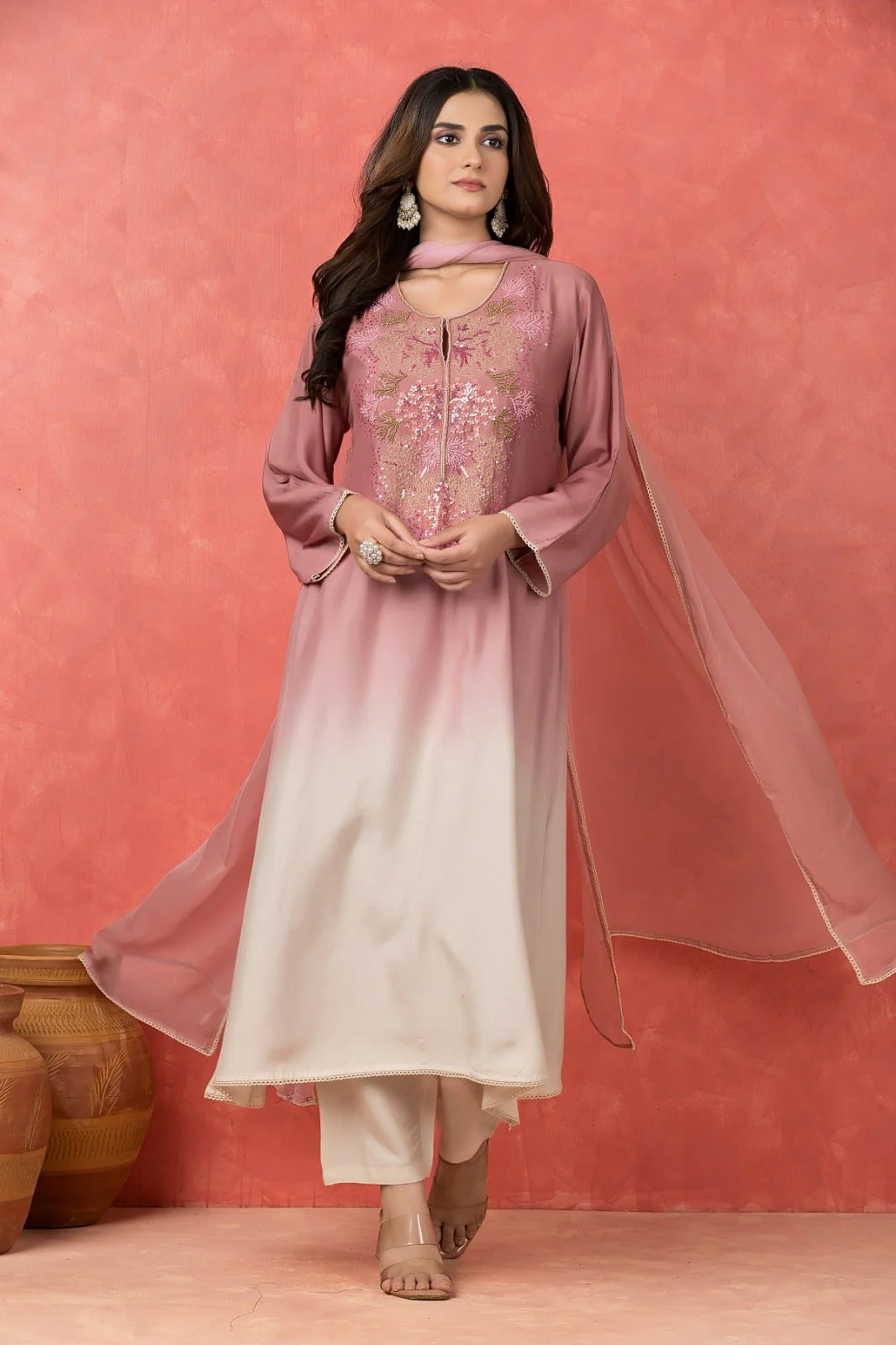 Rose Pink to Off-White Ombre Muslin Silk Pant Set