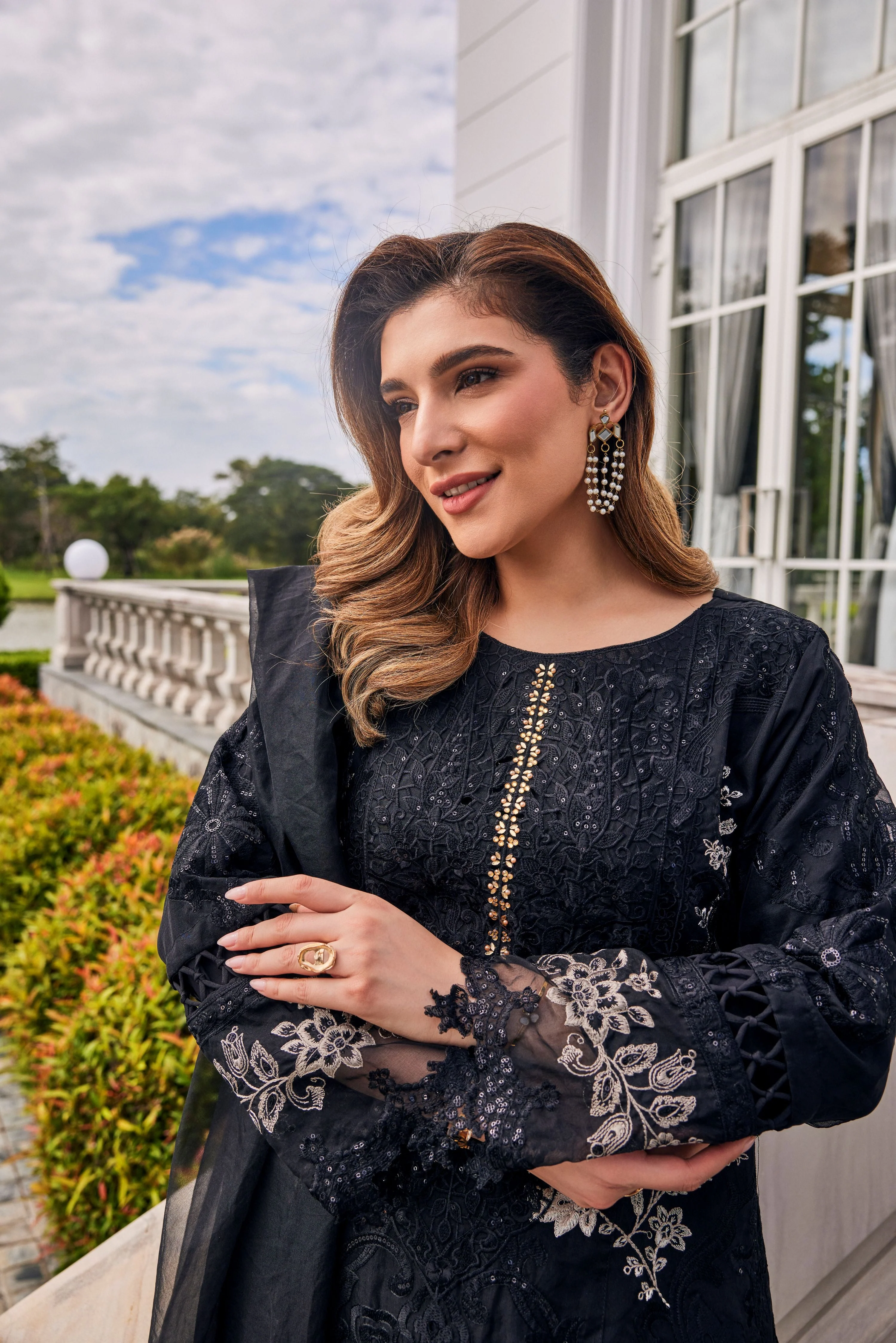 Jet Black Embroidered Organza Silk Pant Set - Image 2