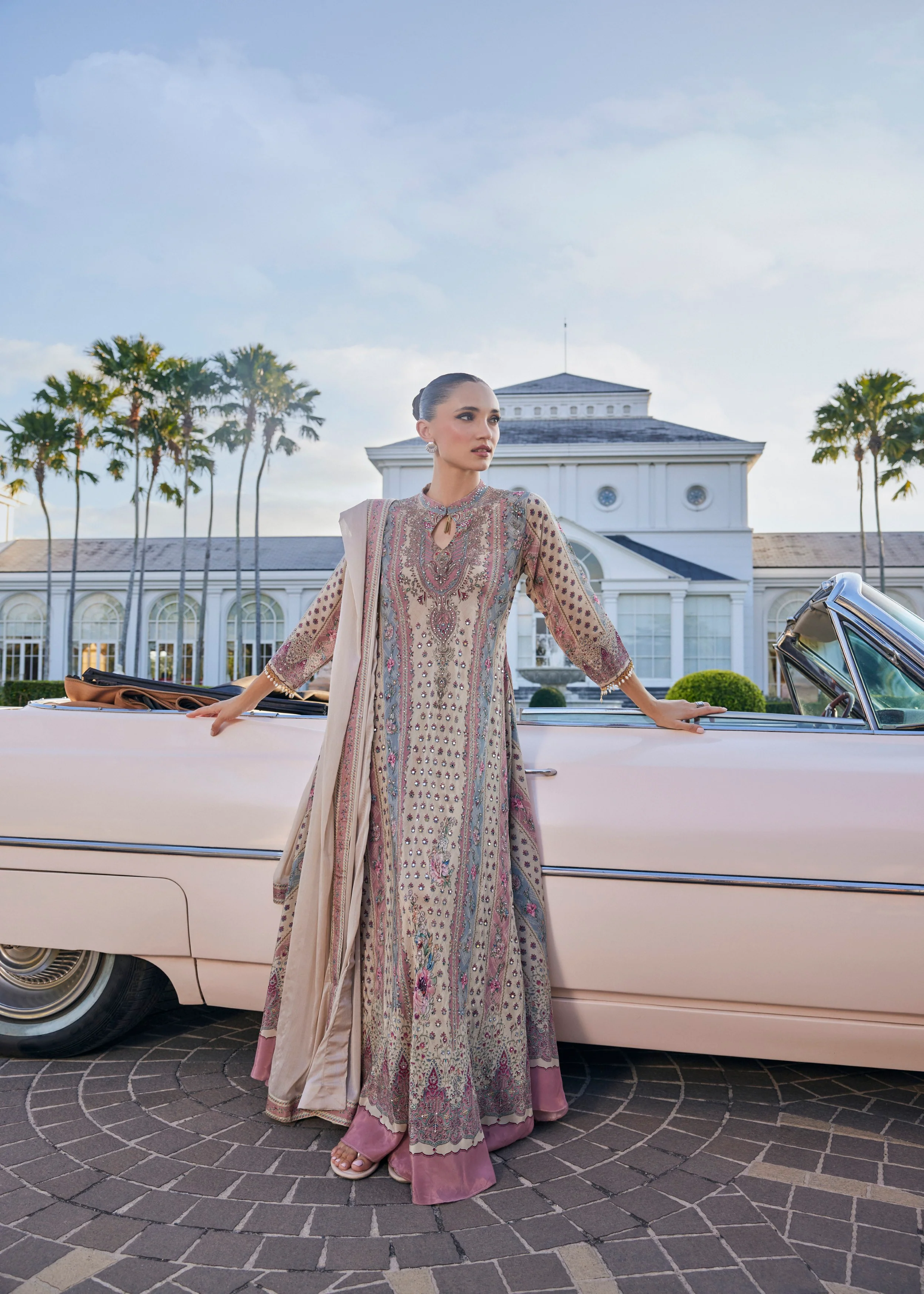 Classic Cream Embellished Muslin Silk Anarkali Set - Image 2