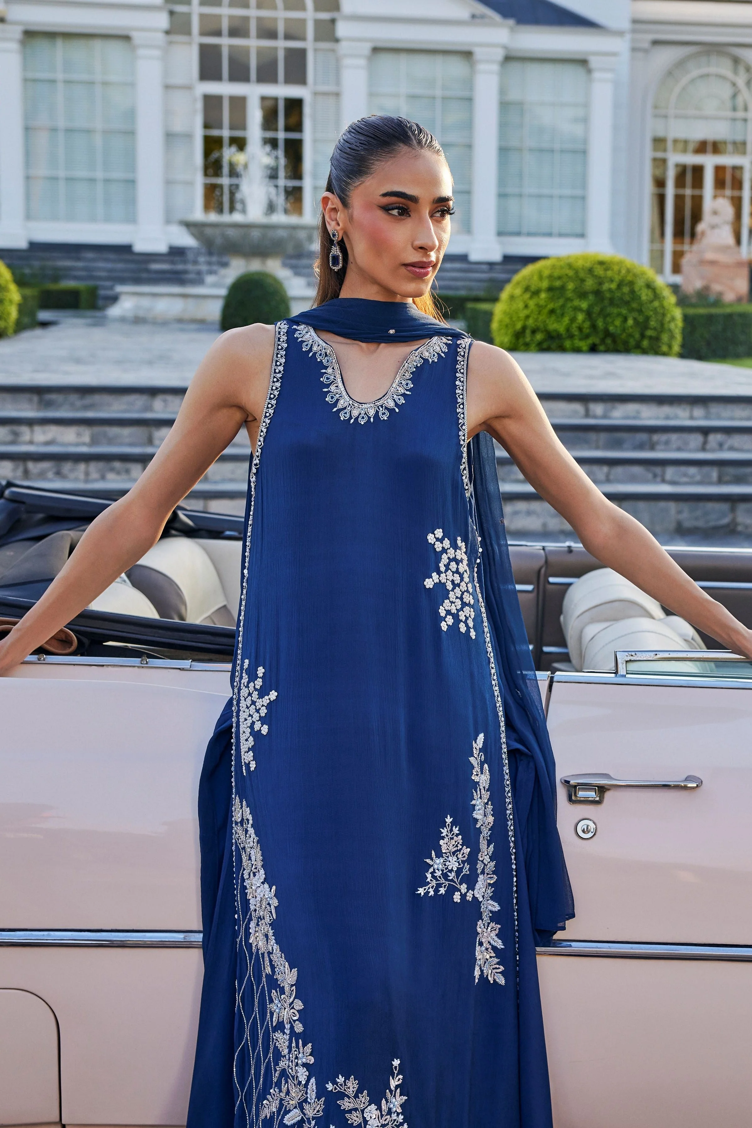 Dark Midnight Blue Embellished Chinon Silk Palazzo Set - Image 2