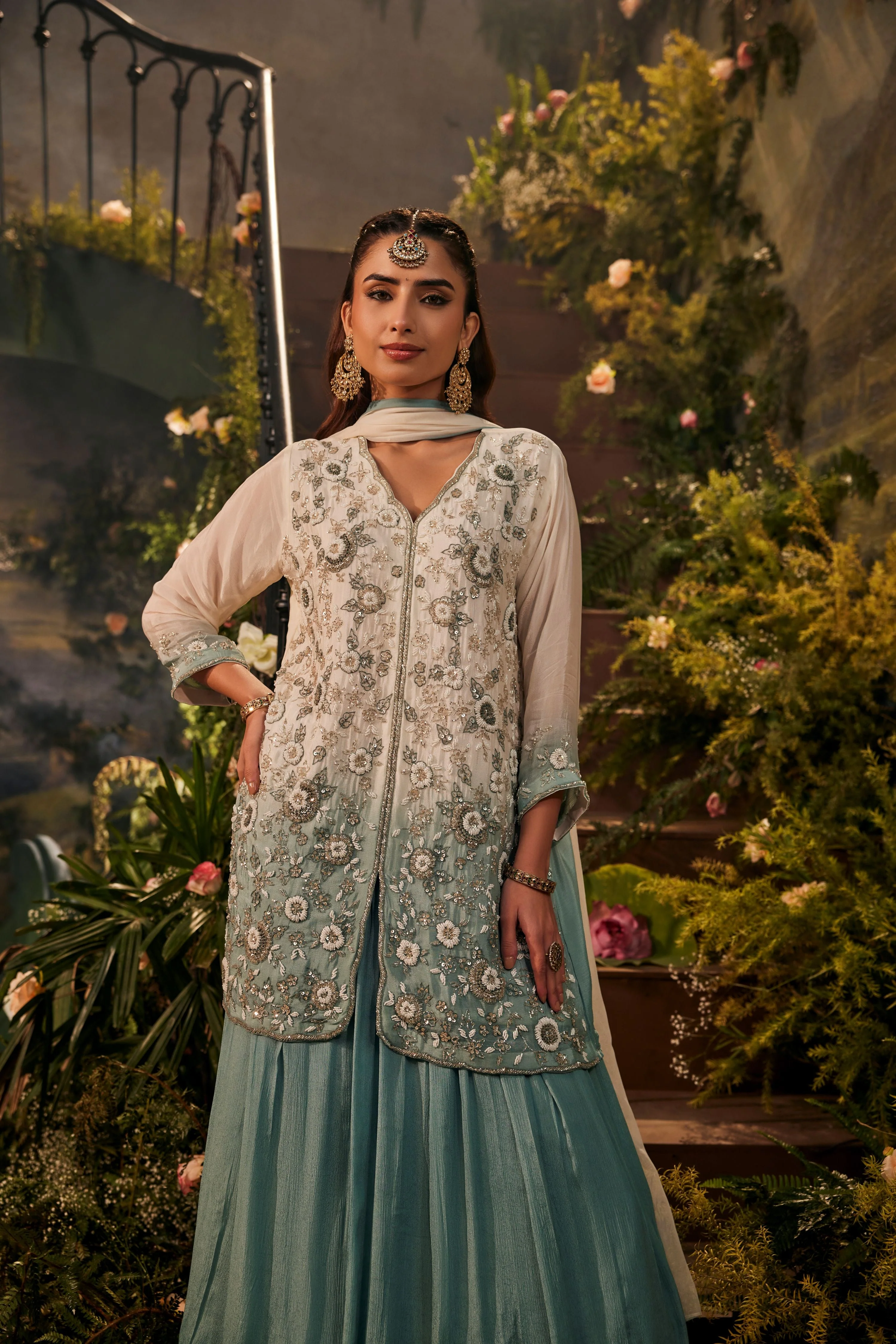 White Ombre Embellished Crepe Silk Palazzo Set - Image 2
