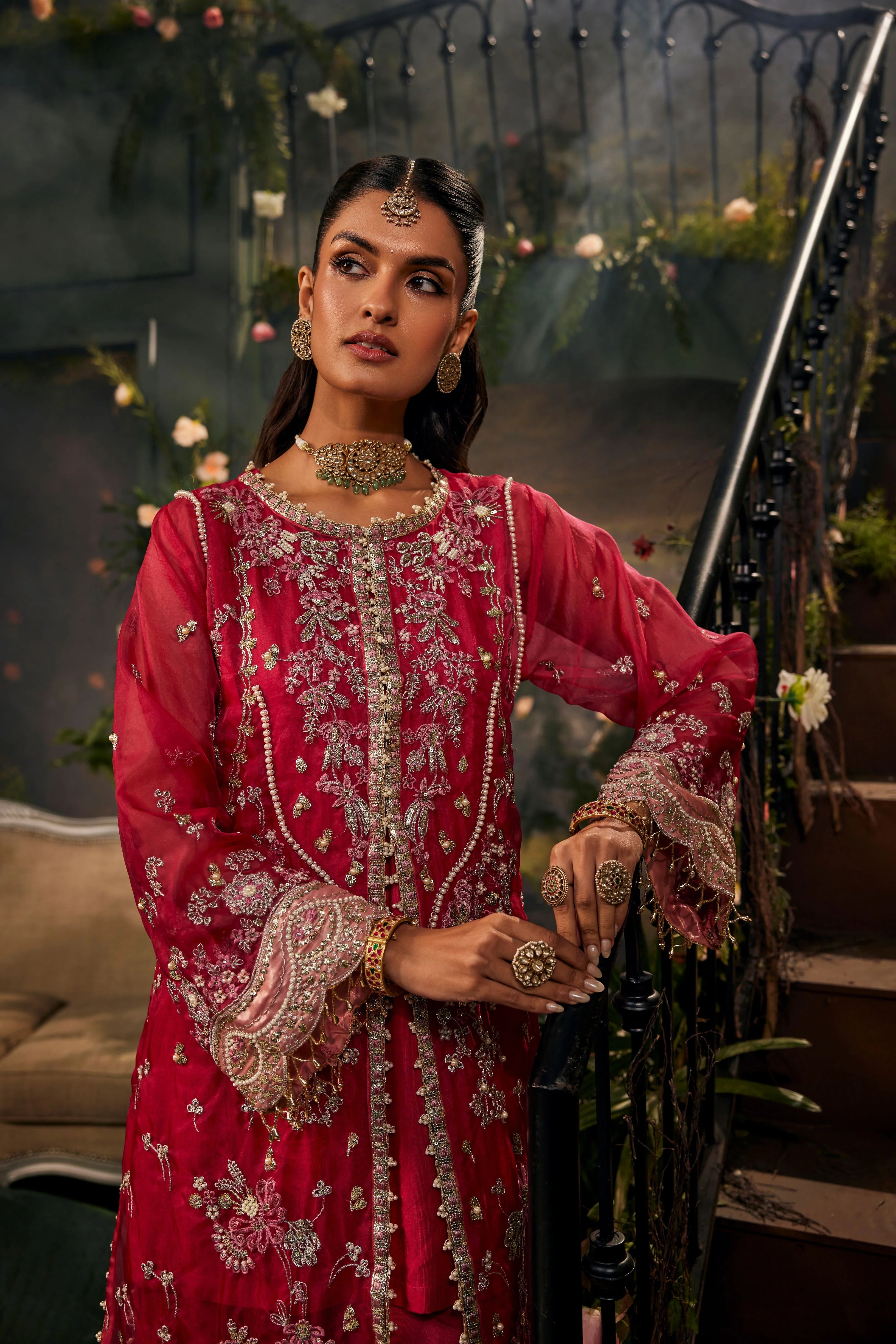 Rani Pink Embellished Organza Silk Palazzo Set - Image 2