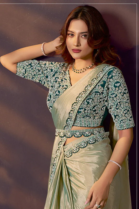Sage Green Dual Tone Embellished Premium Silk Saree - Image 2