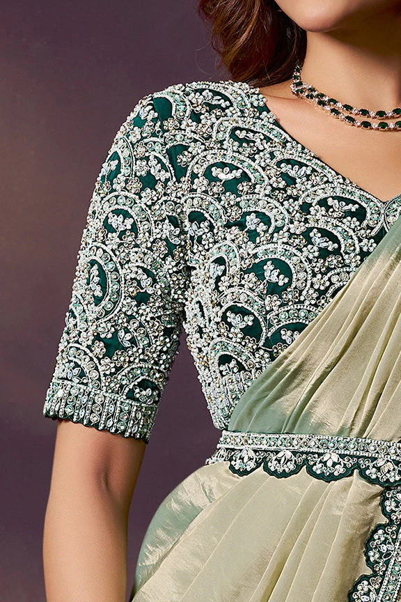 Sage Green Dual Tone Embellished Premium Silk Saree - Image 3