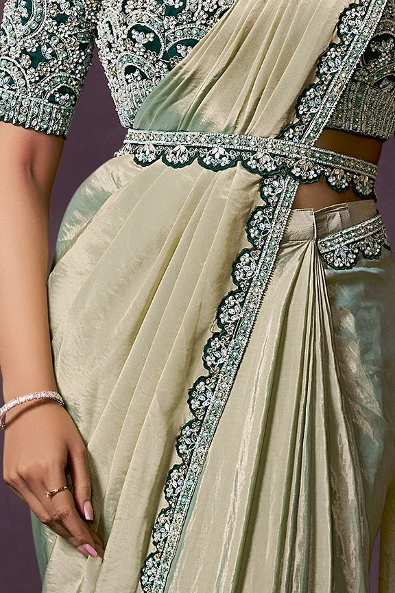 Sage Green Dual Tone Embellished Premium Silk Saree - Image 4