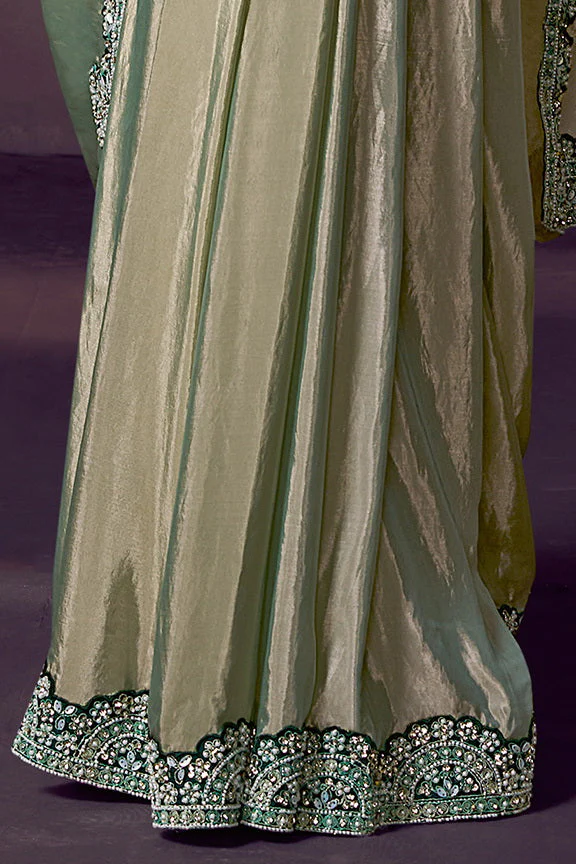 Sage Green Dual Tone Embellished Premium Silk Saree - Image 5