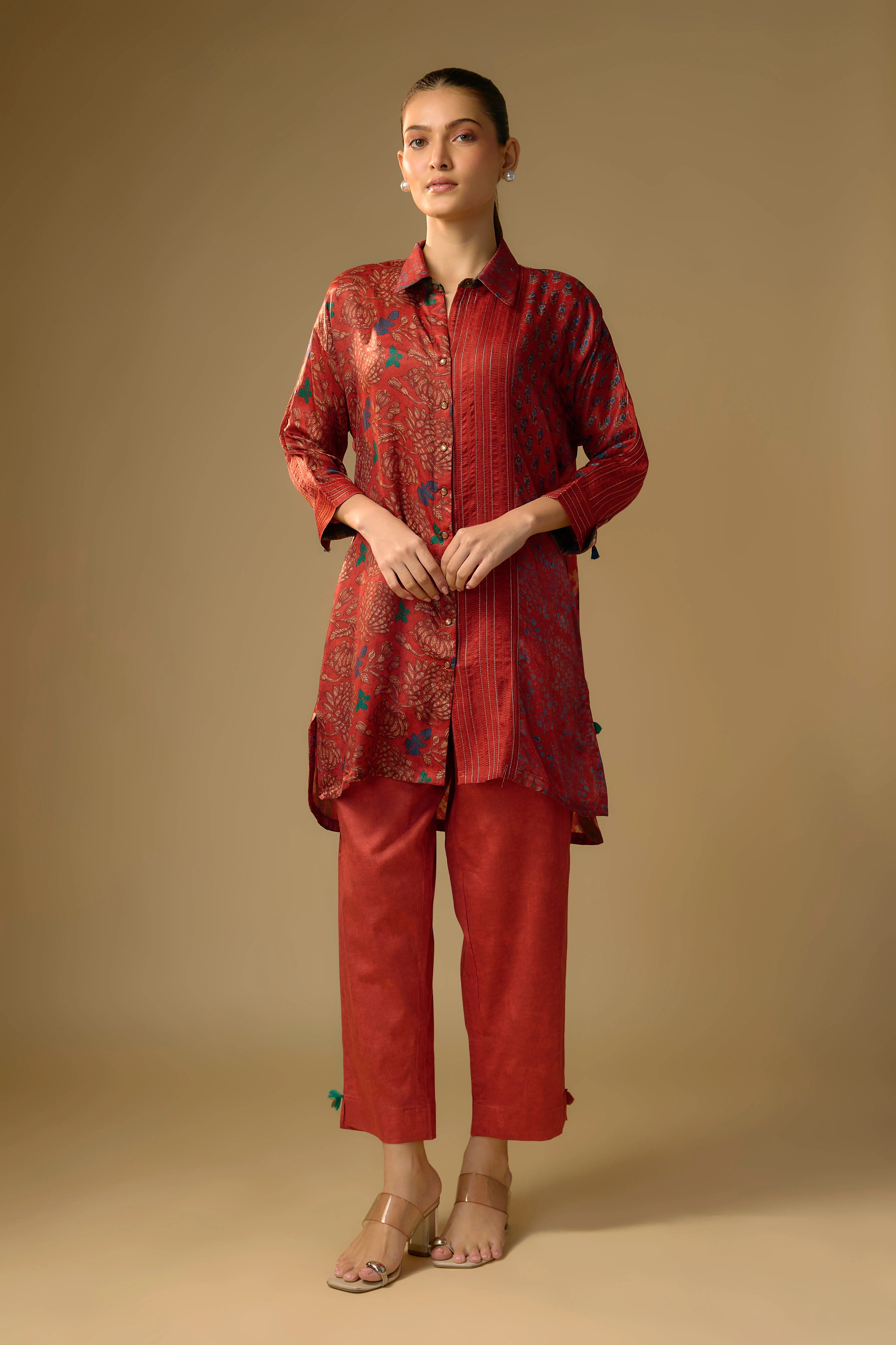 Red Printed Slub Cotton Silk Tunic Top
