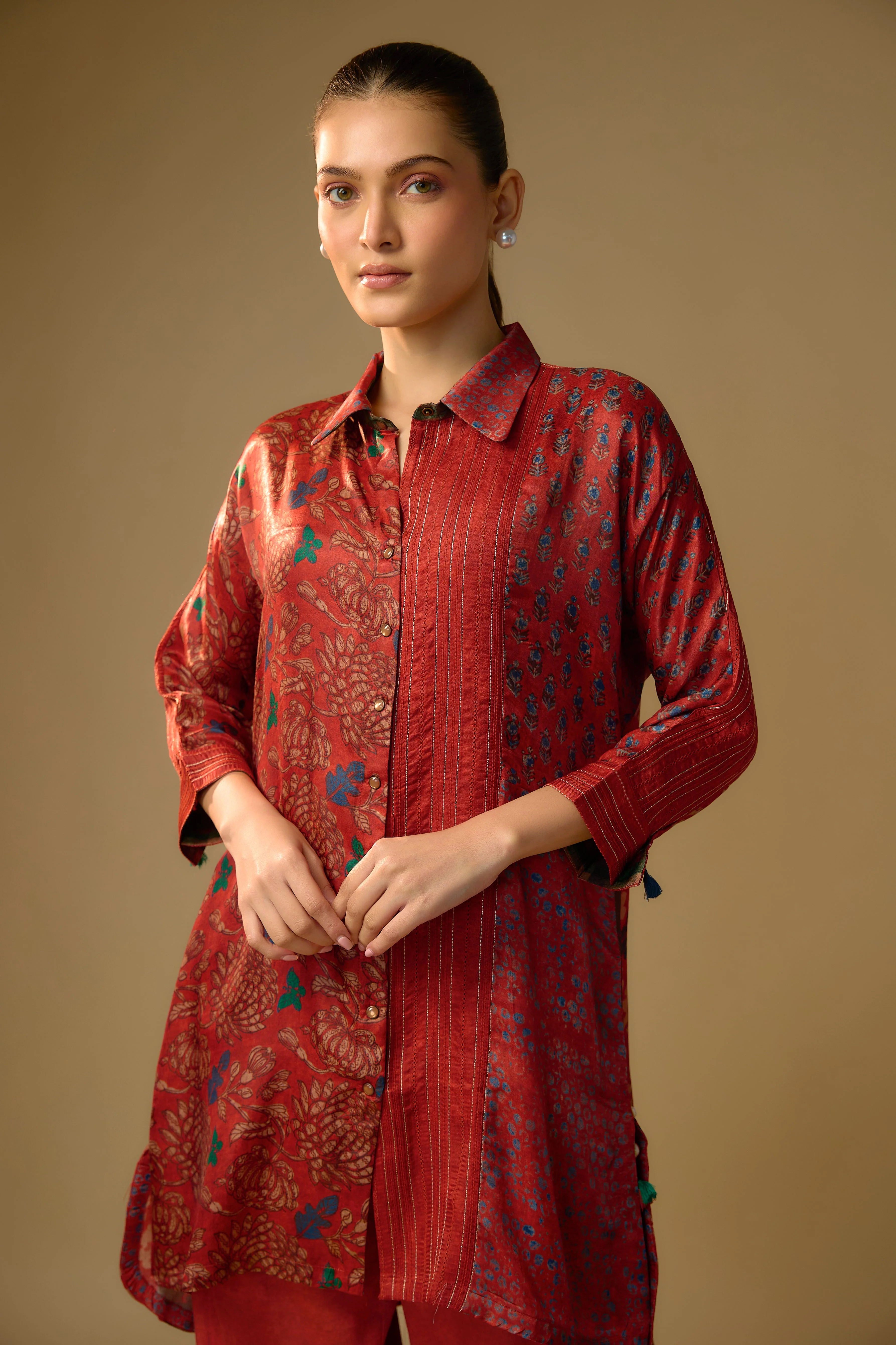 Red Printed Slub Cotton Silk Tunic Top - Image 2