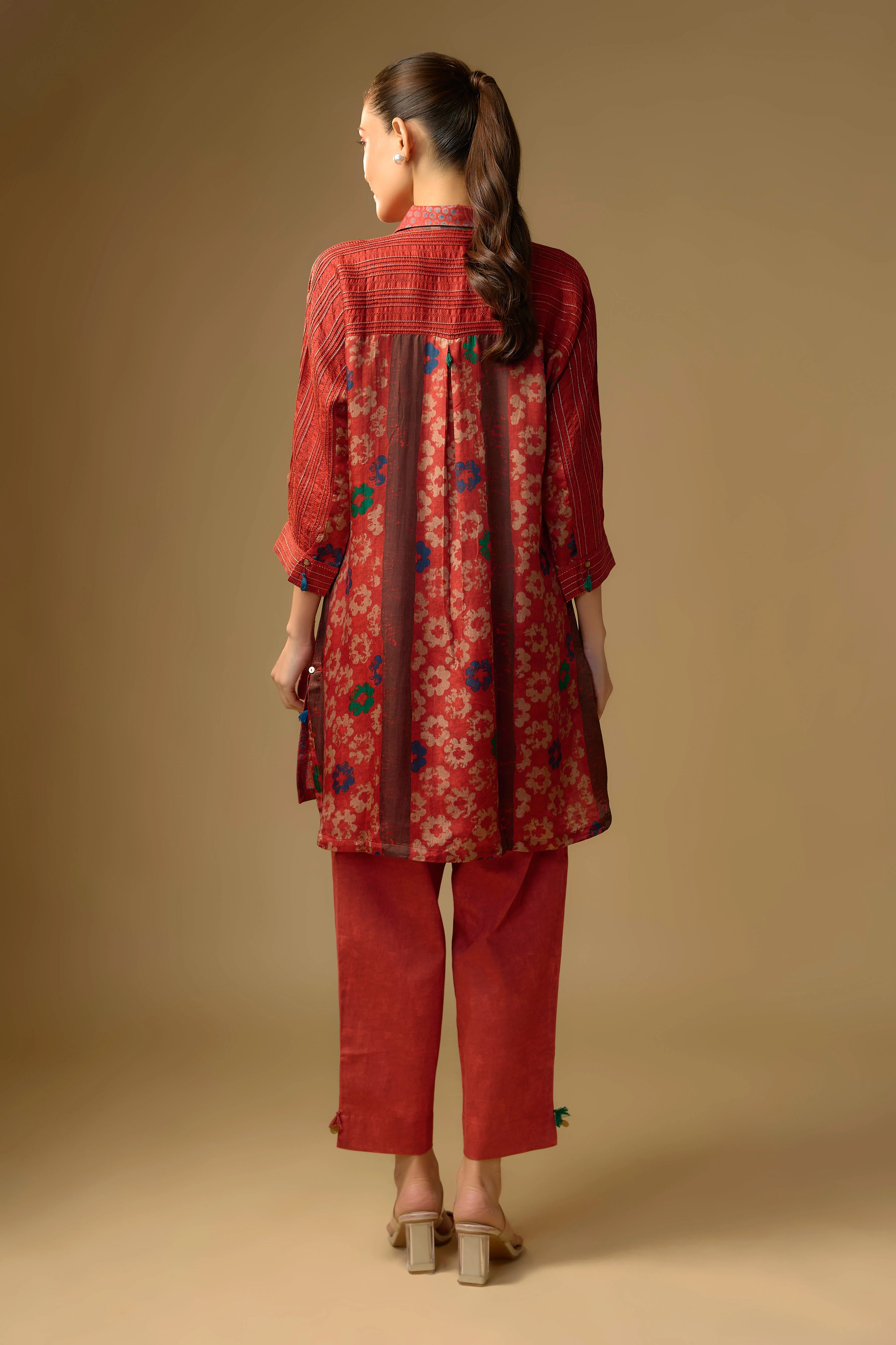 Red Printed Slub Cotton Silk Tunic Top - Image 3