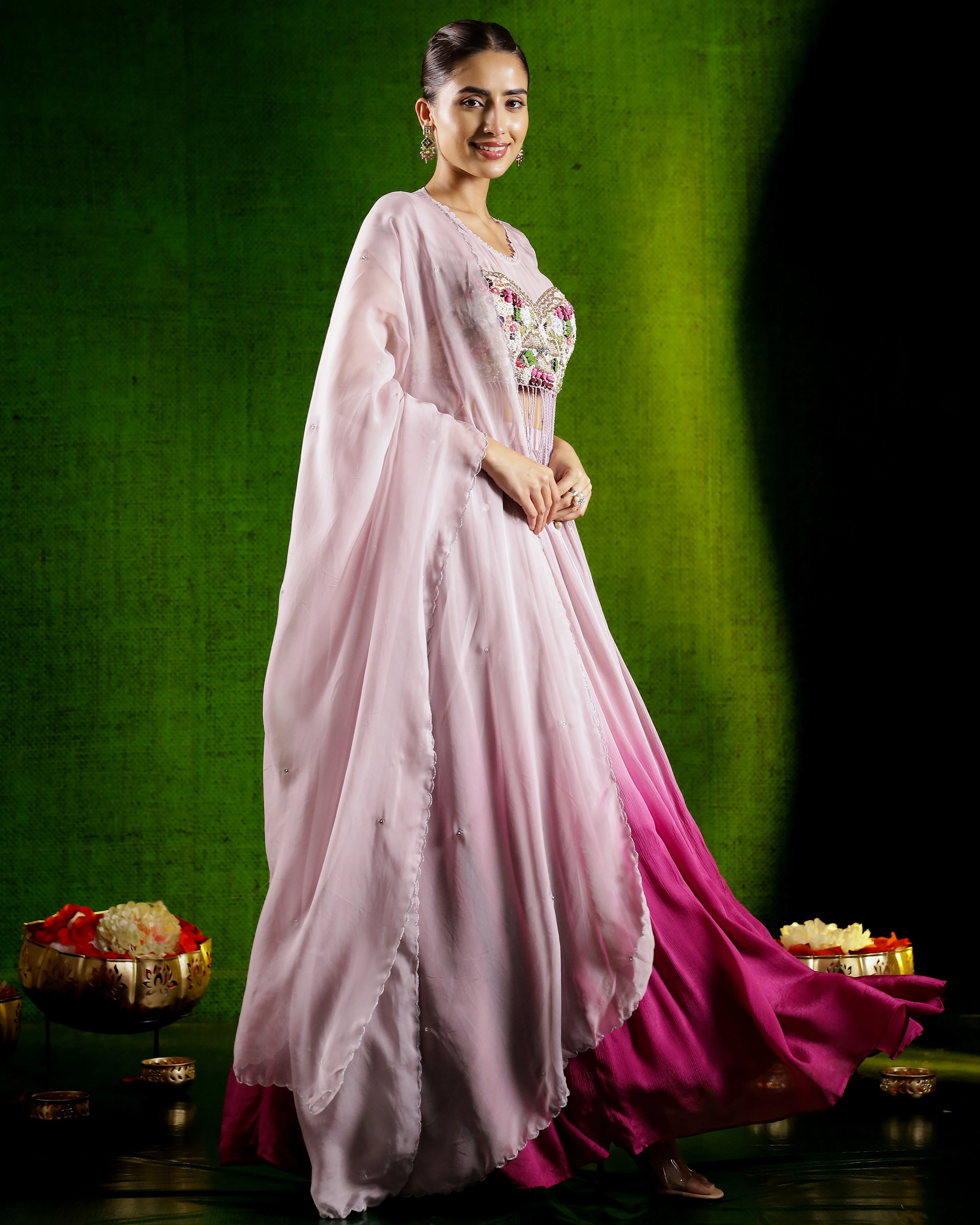 Dusky Mauve Embellished Organza Silk Skirt Set - Image 3