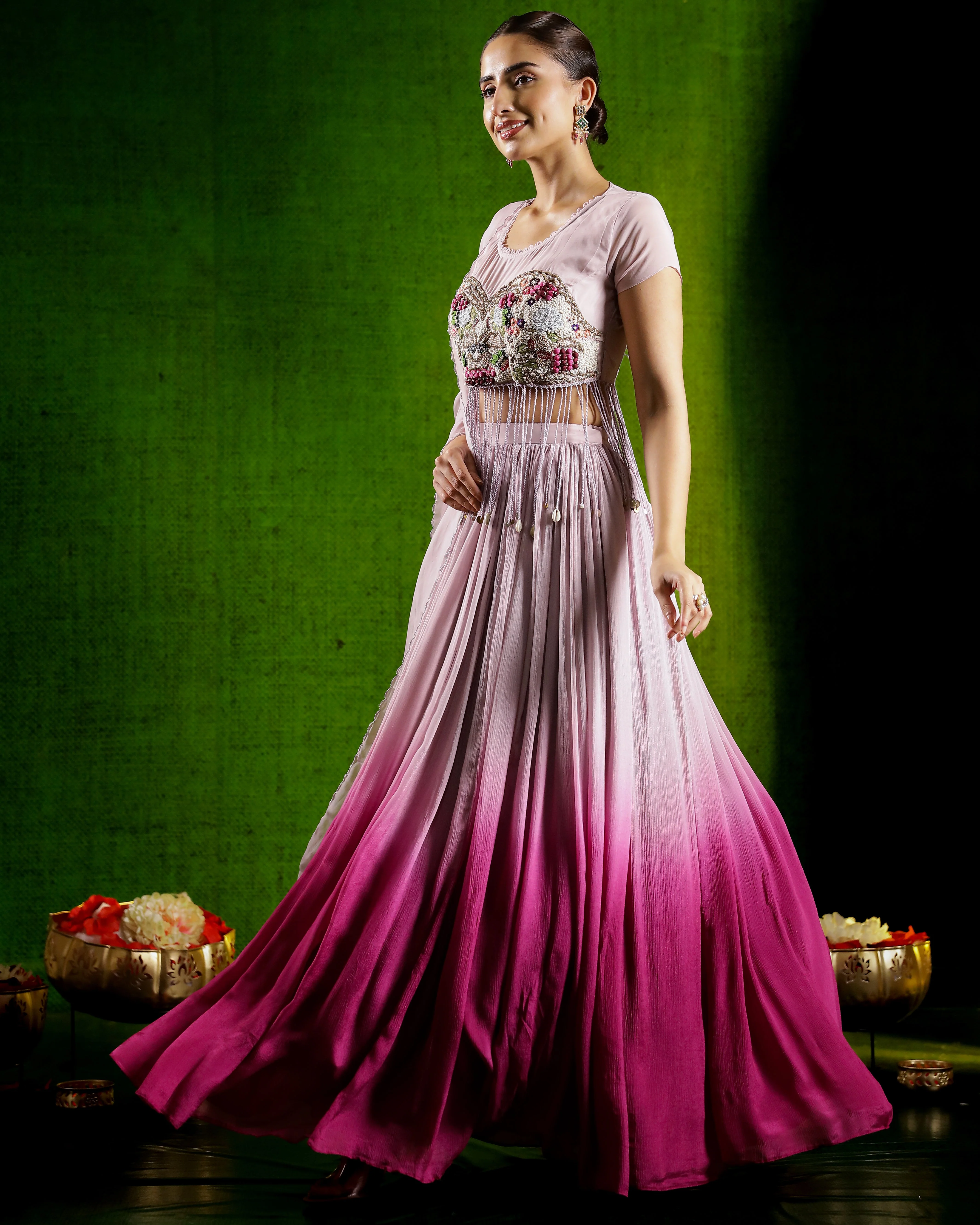 Dusky Mauve Embellished Organza Silk Skirt Set - Image 4