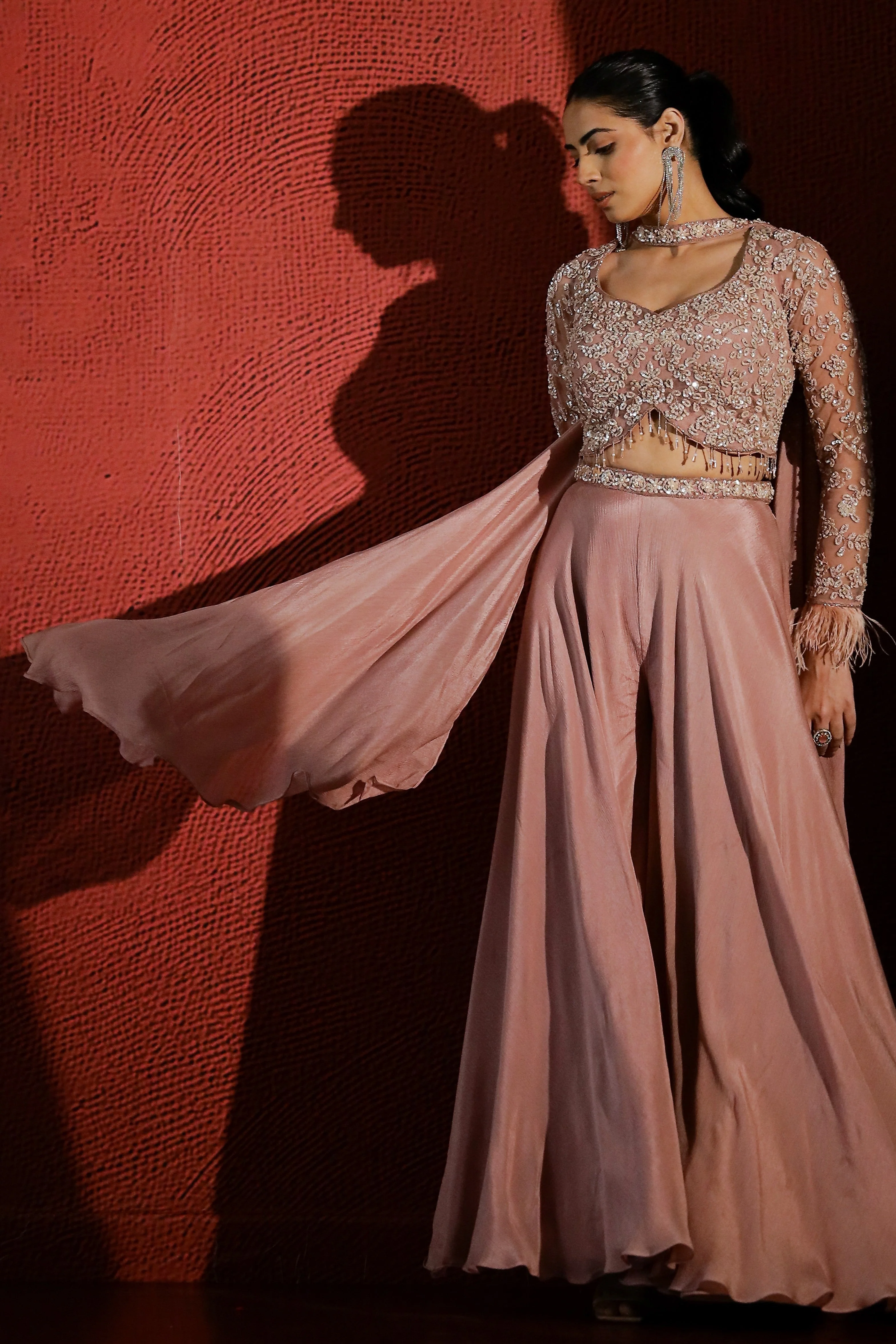 Dusky Peach Embellished Premium Net Palazzo Set - Image 3