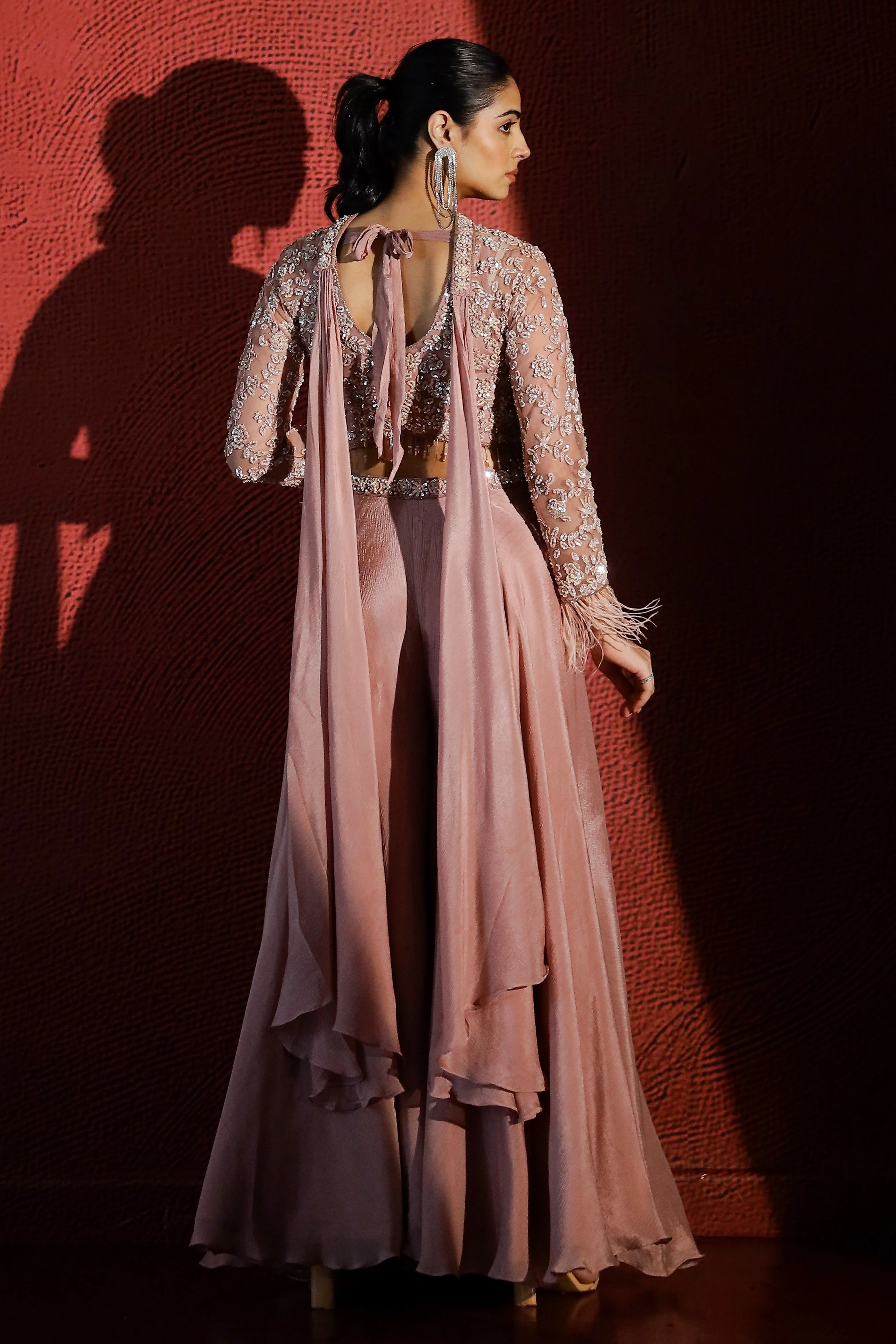 Dusky Peach Embellished Premium Net Palazzo Set - Image 5