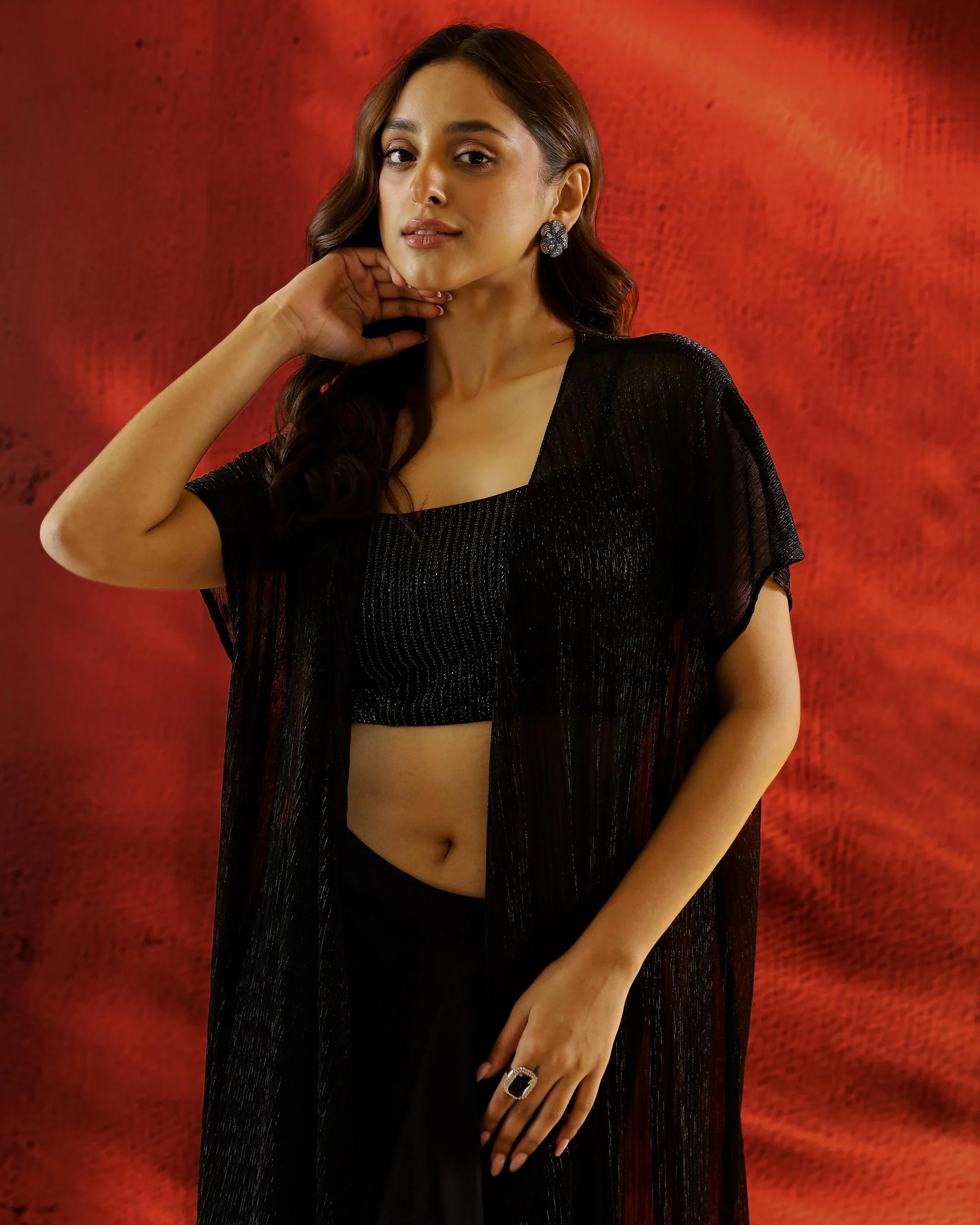 Shimmer Black Embellished Satin Silk Jacket Skirt Set - Image 2