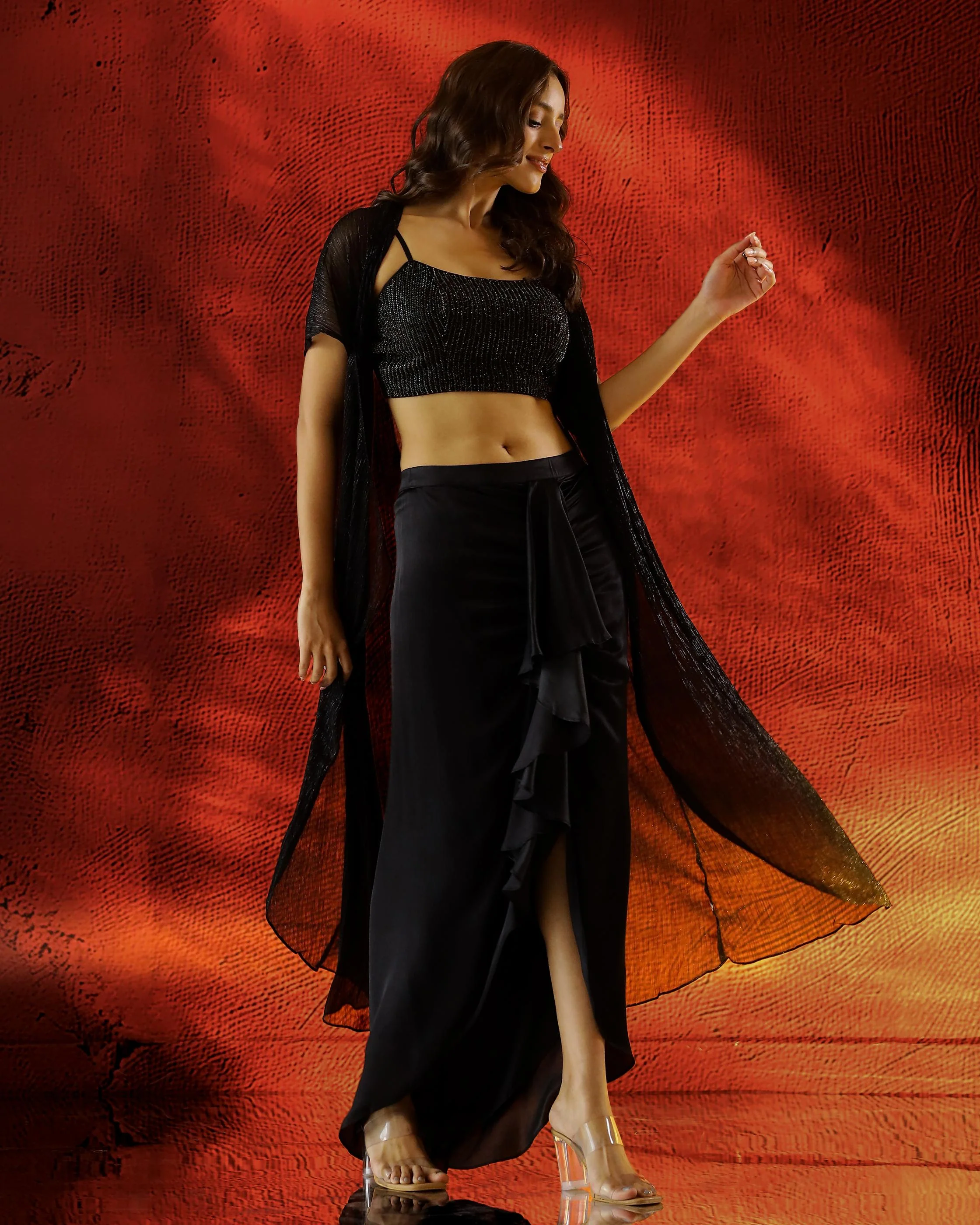 Shimmer Black Embellished Satin Silk Jacket Skirt Set - Image 3