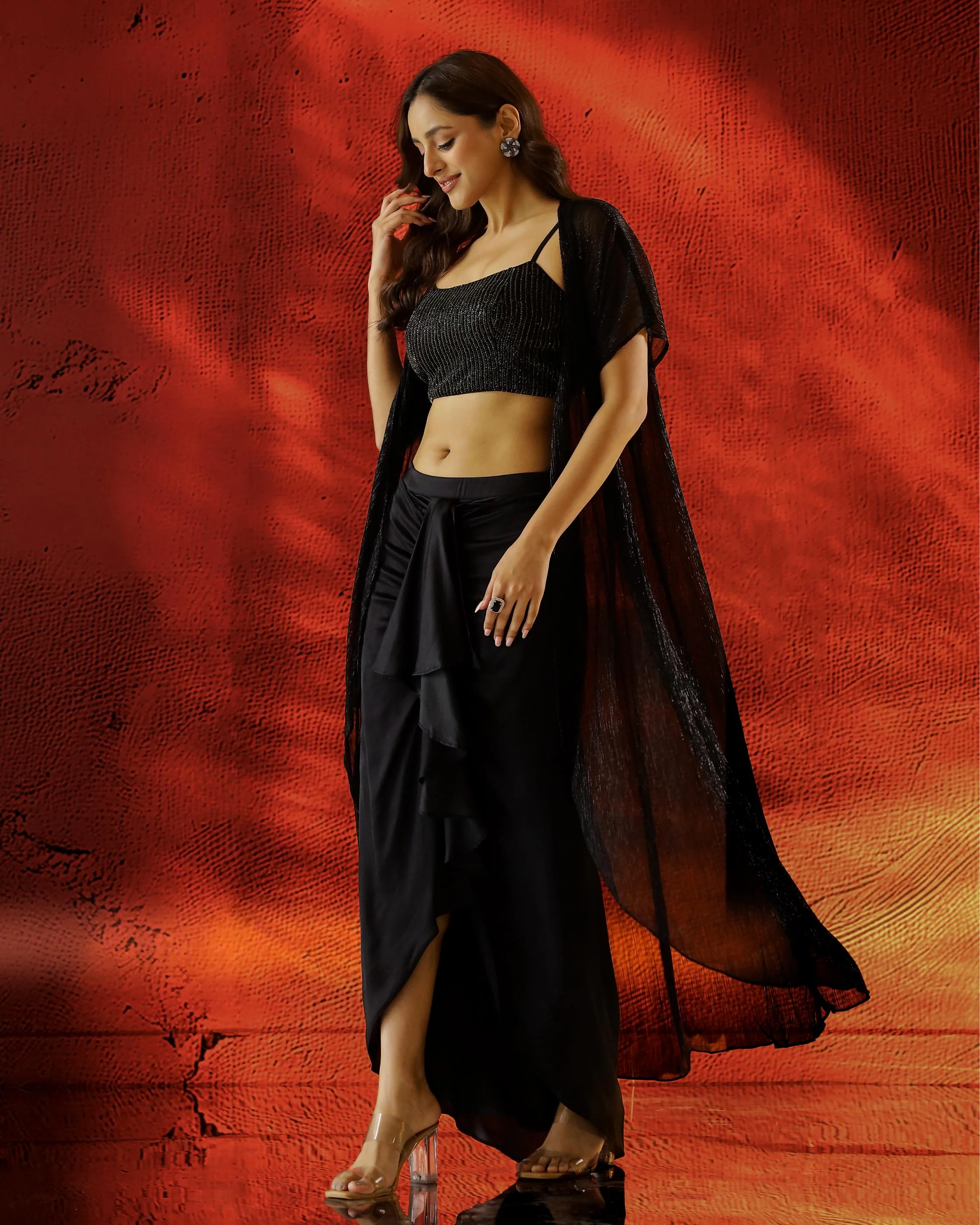 Shimmer Black Embellished Satin Silk Jacket Skirt Set - Image 4