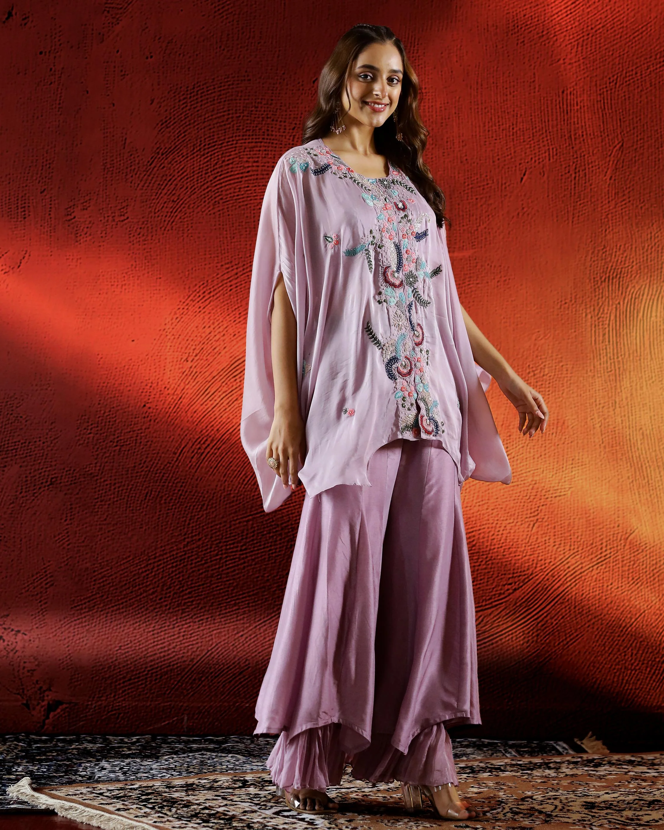 Dusky Pink Embellished Organza Silk Cape Palazzo Set - Image 3