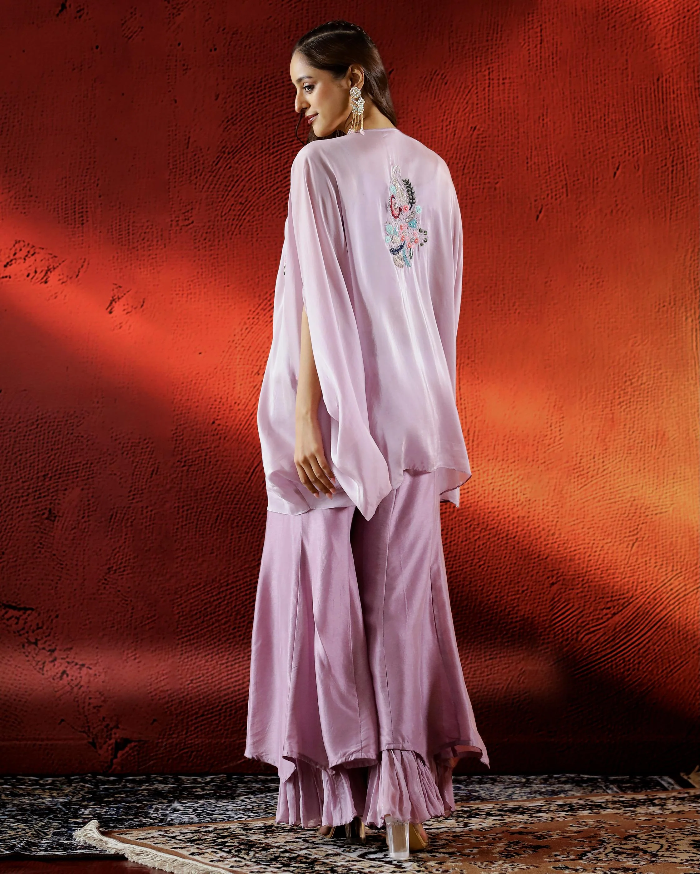 Dusky Pink Embellished Organza Silk Cape Palazzo Set - Image 5