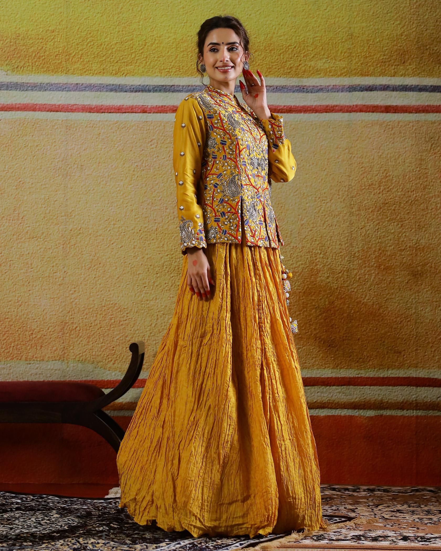 Mustard Embroidered Raw Silk Skirt with Jacket - Image 3