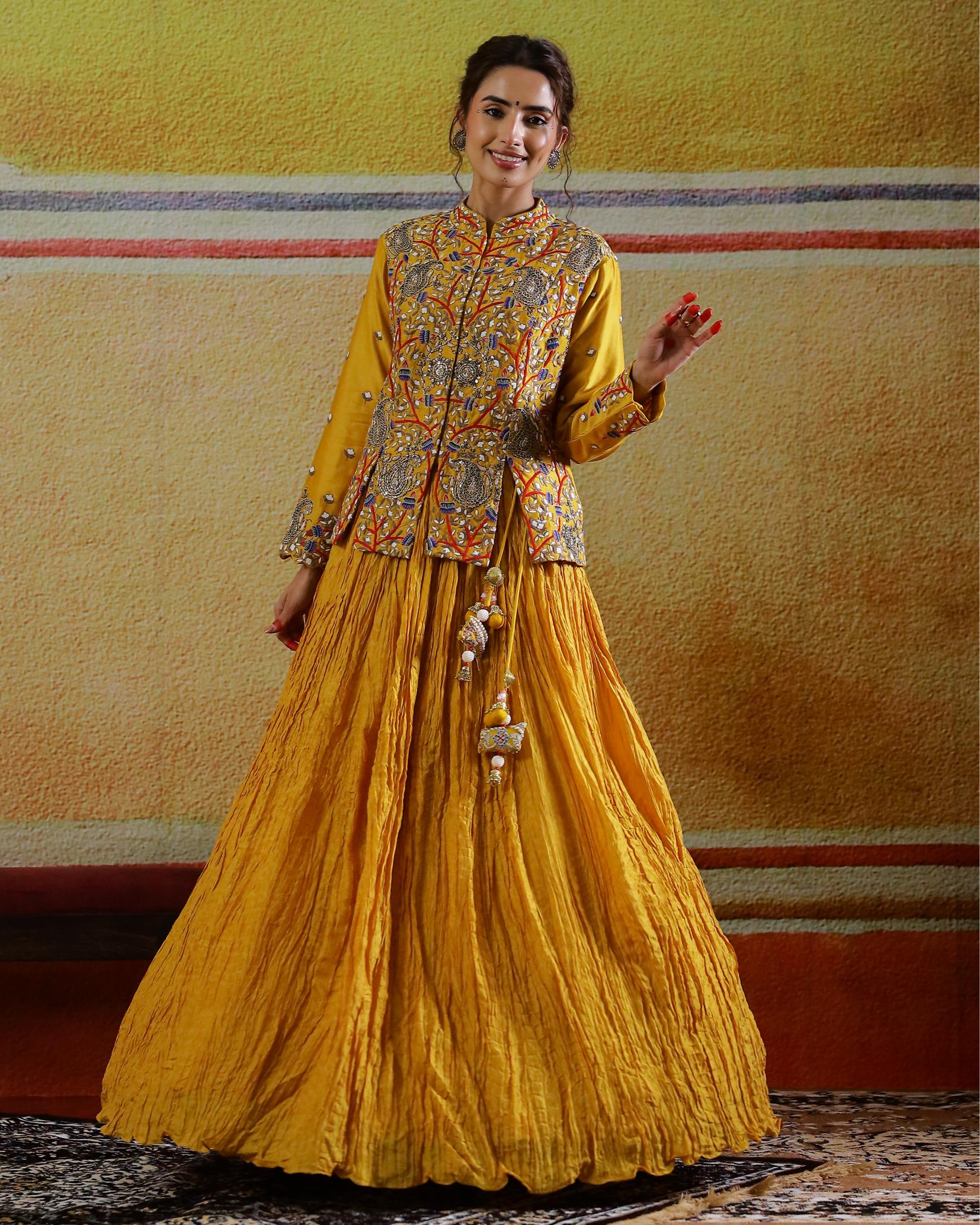 Mustard Embroidered Raw Silk Skirt with Jacket - Image 4