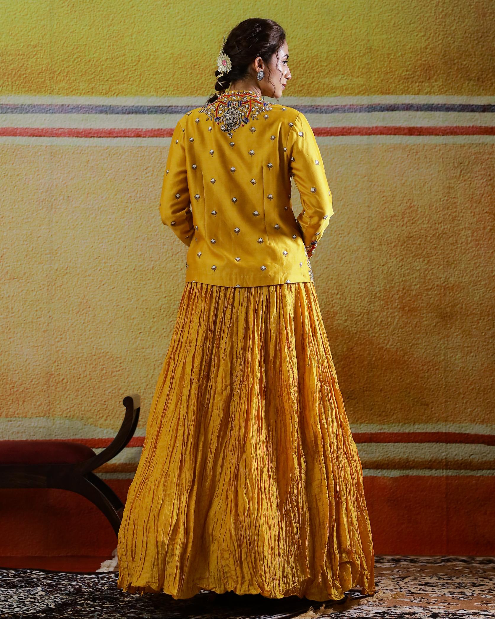 Mustard Embroidered Raw Silk Skirt with Jacket - Image 5