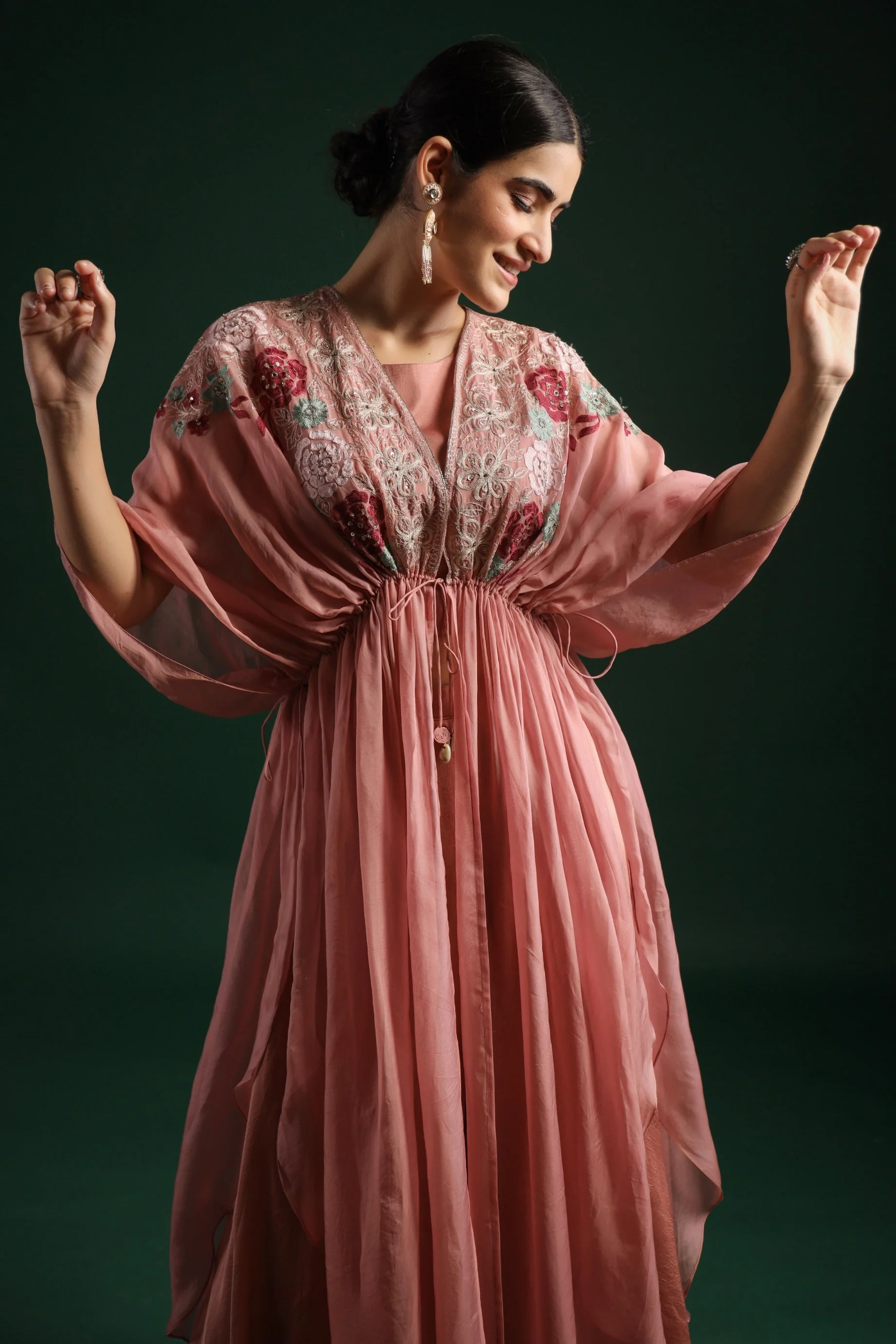 Dusky Pink Embroidered Mulberry Silk Cape Set - Image 2