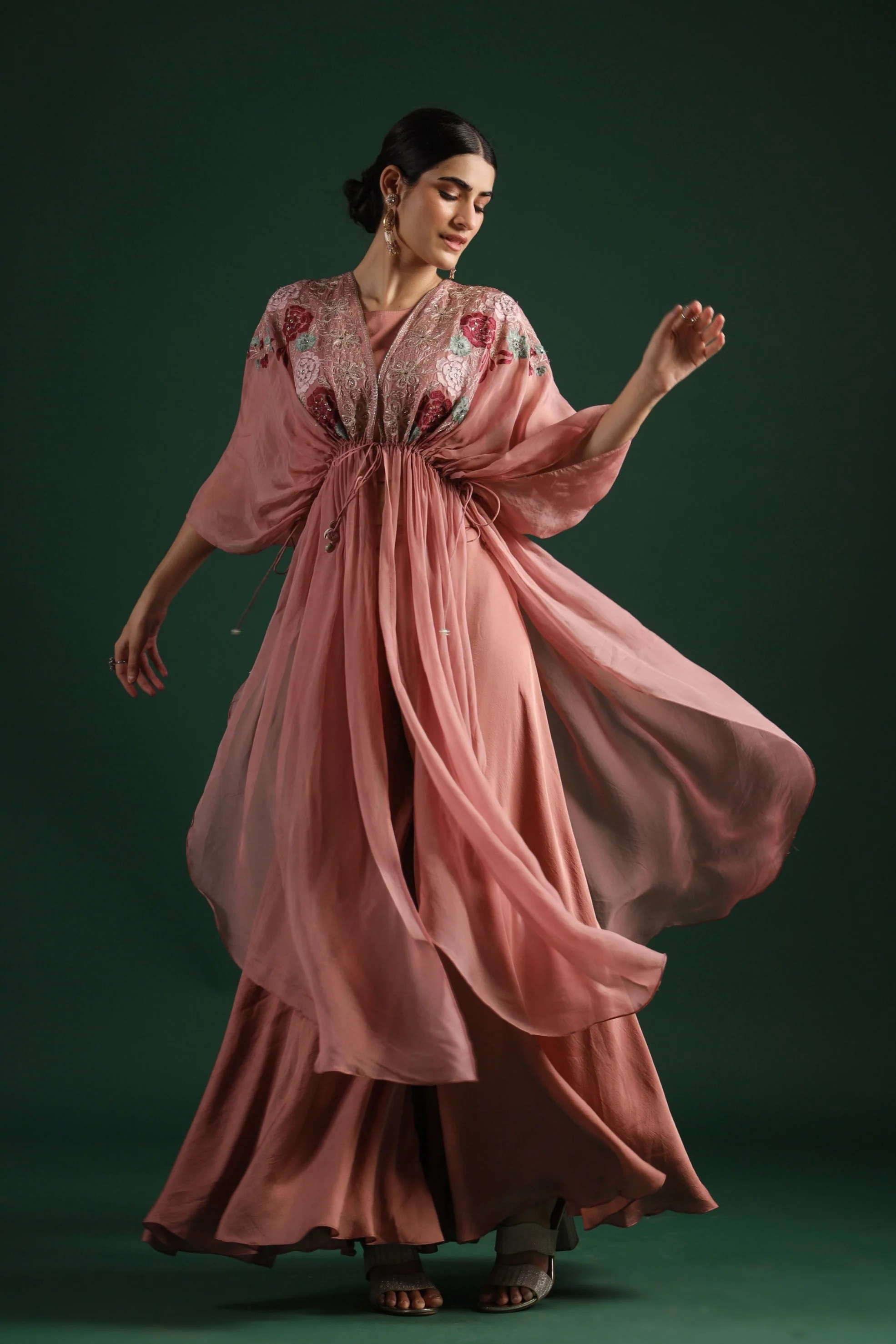 Dusky Pink Embroidered Mulberry Silk Cape Set - Image 3