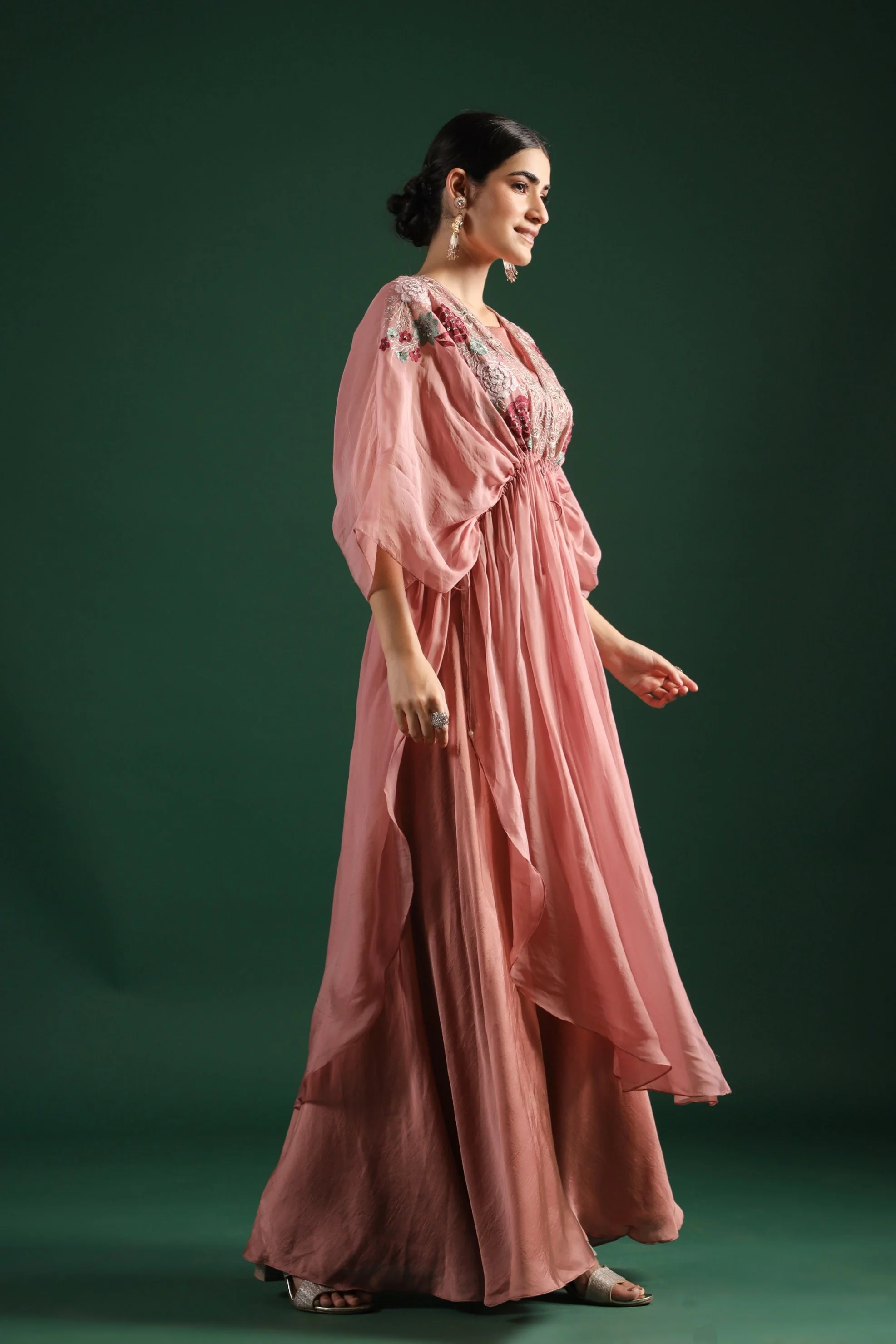 Dusky Pink Embroidered Mulberry Silk Cape Set - Image 4