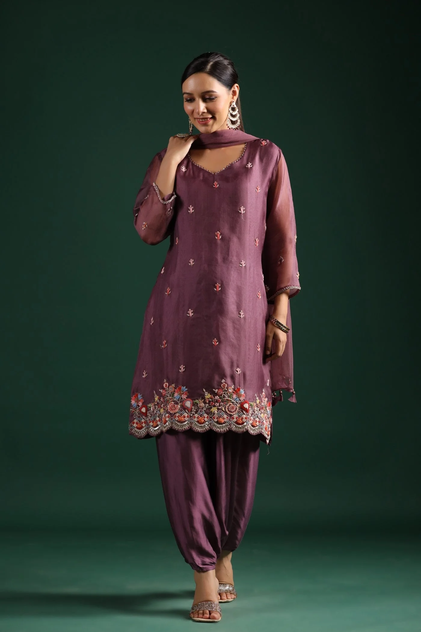 Dusky Purple Organza Silk Kurta Set - Image 3