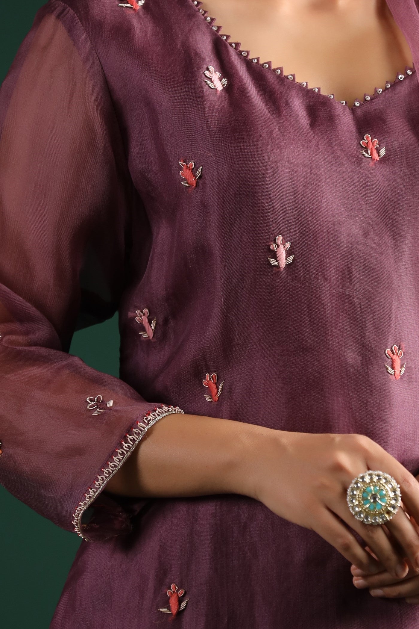 Dusky Purple Organza Silk Kurta Set - Image 6