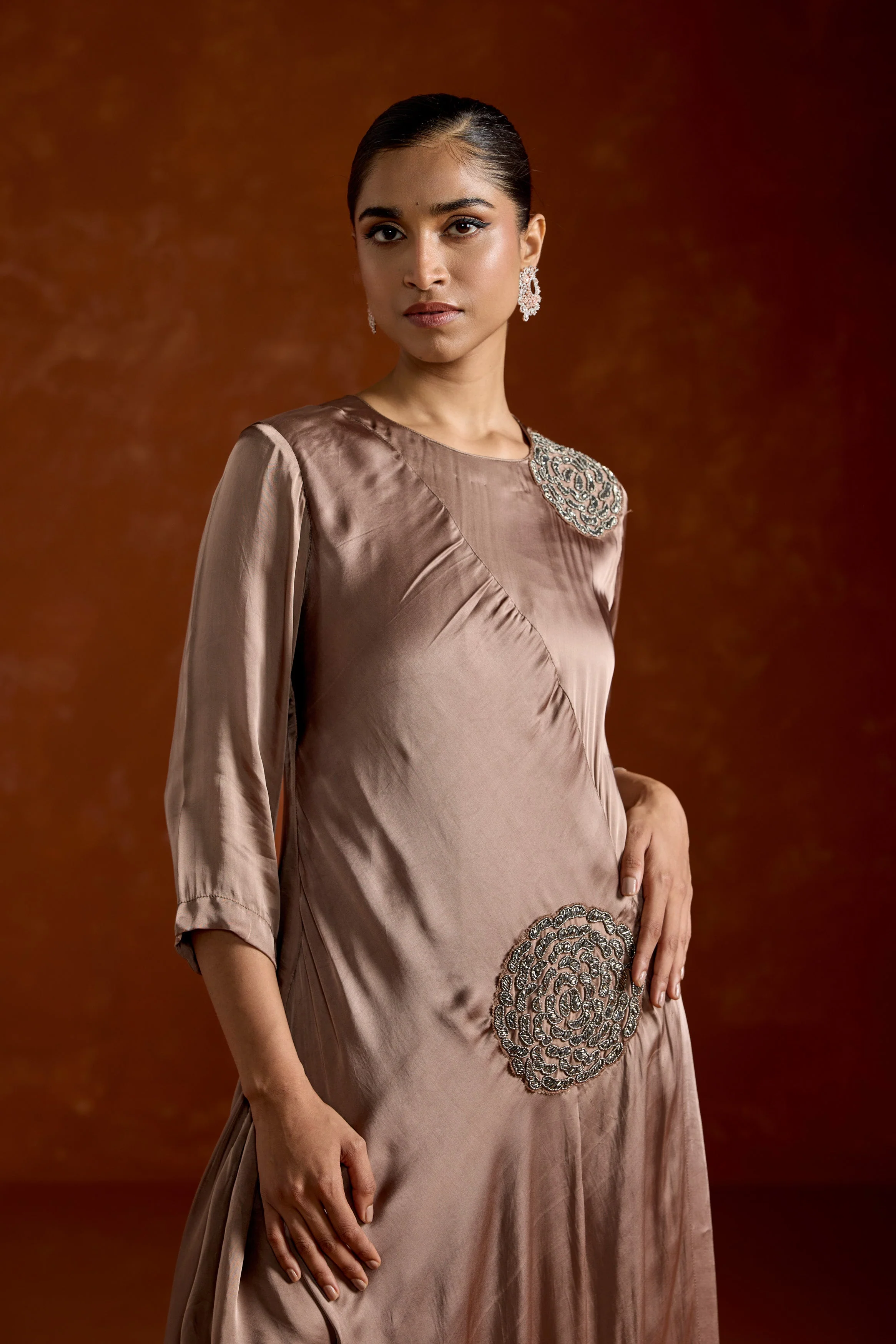 Dusty Almond Embellished Satin Silk Gown - Image 3