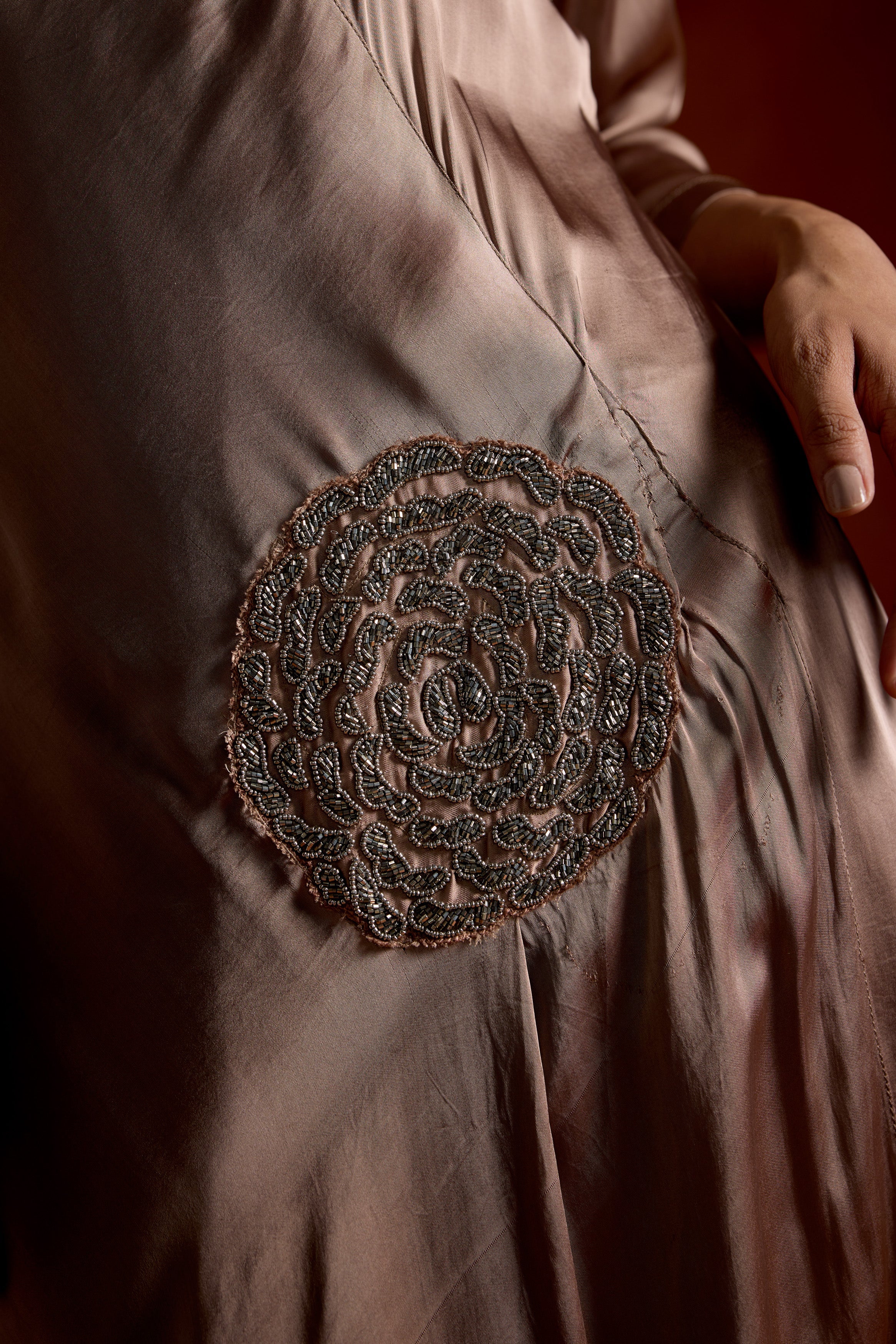 Dusty Almond Embellished Satin Silk Gown - Image 4