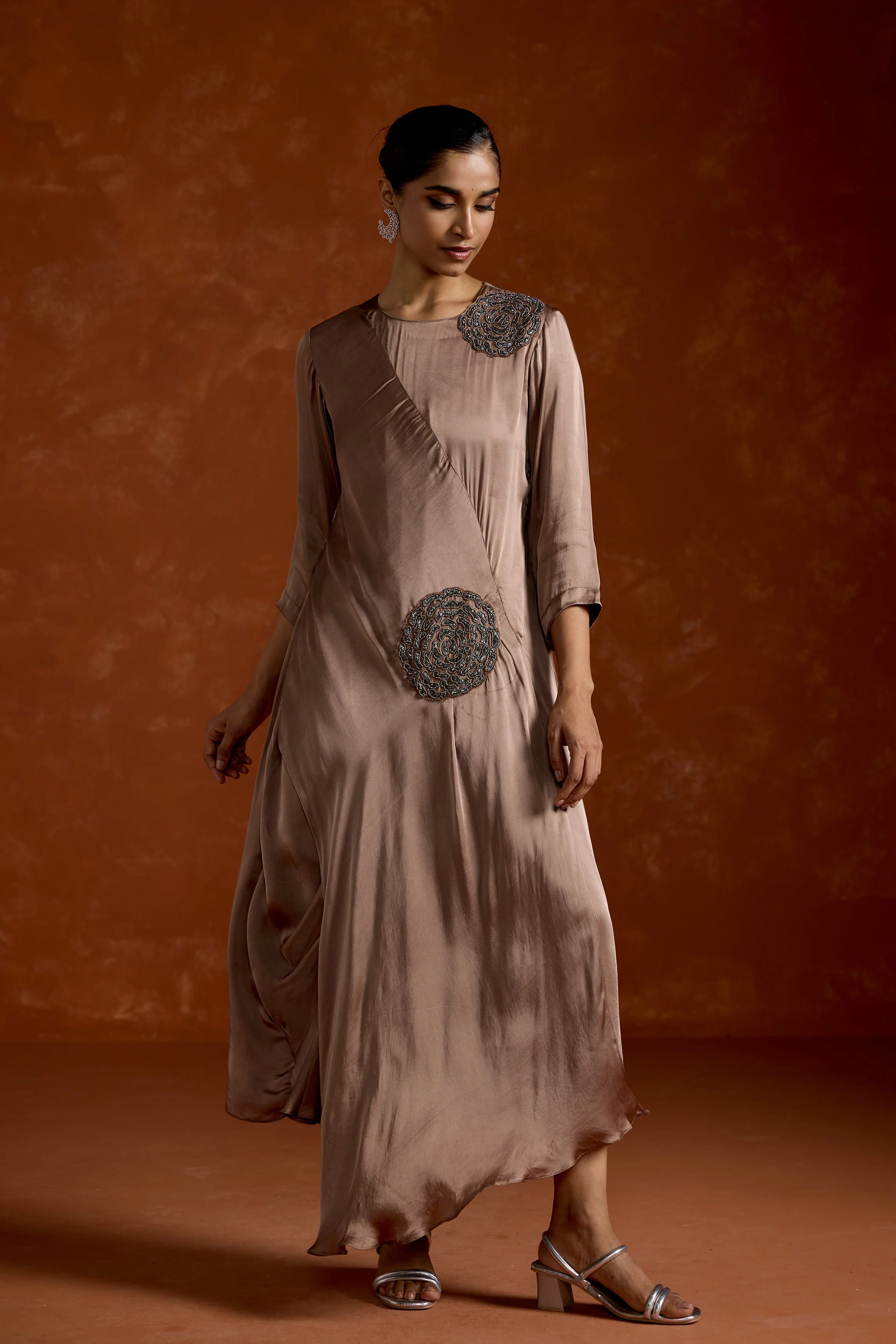 Dusty Almond Embellished Satin Silk Gown - Image 5