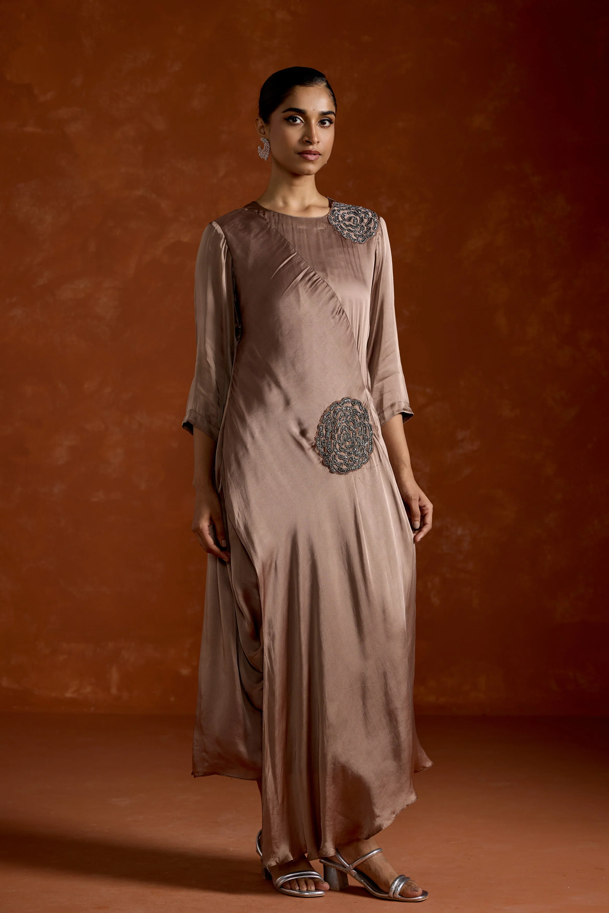 Dusty Almond Embellished Satin Silk Gown - Image 6