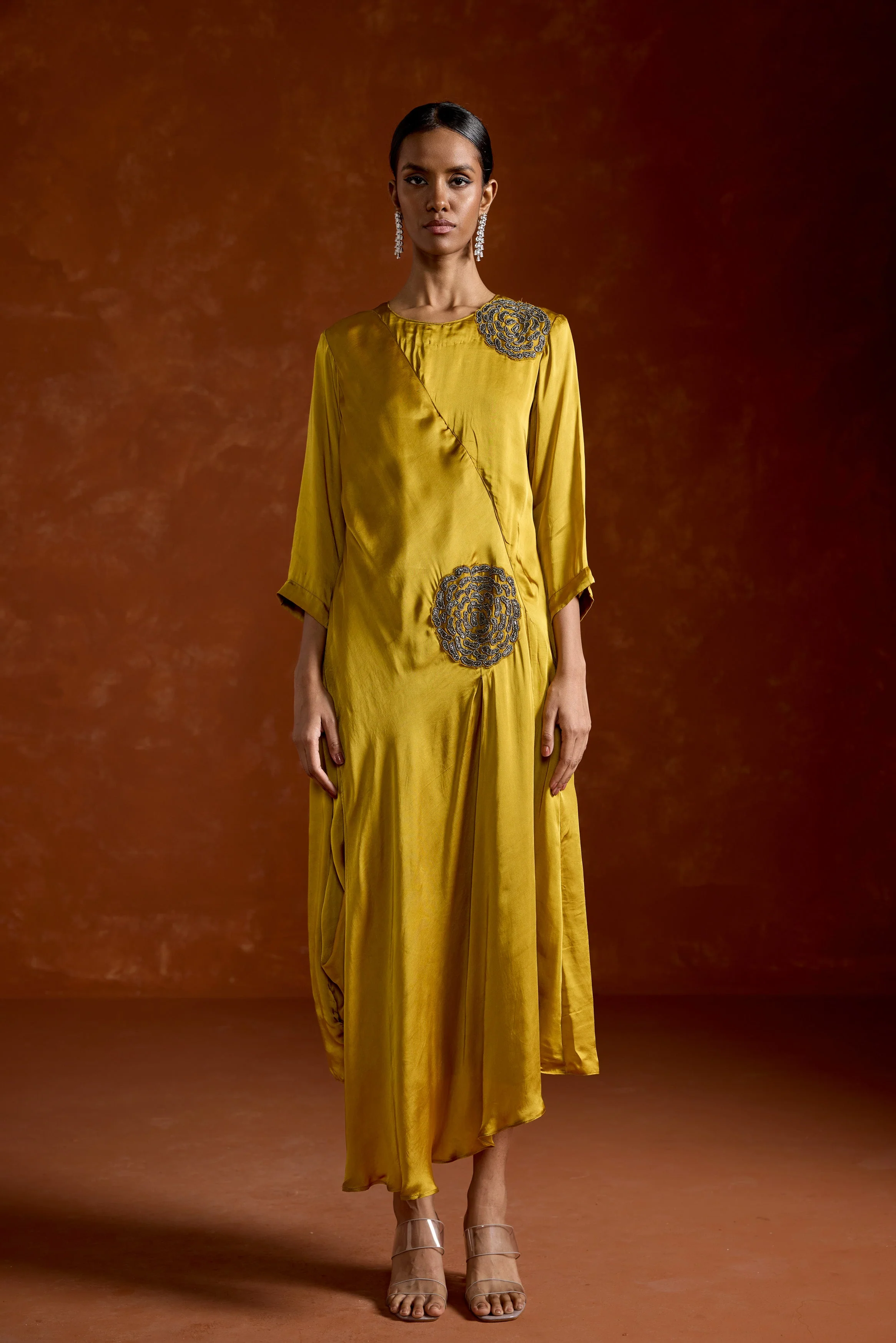 Mustard Yellow Embellished Satin Silk Gown