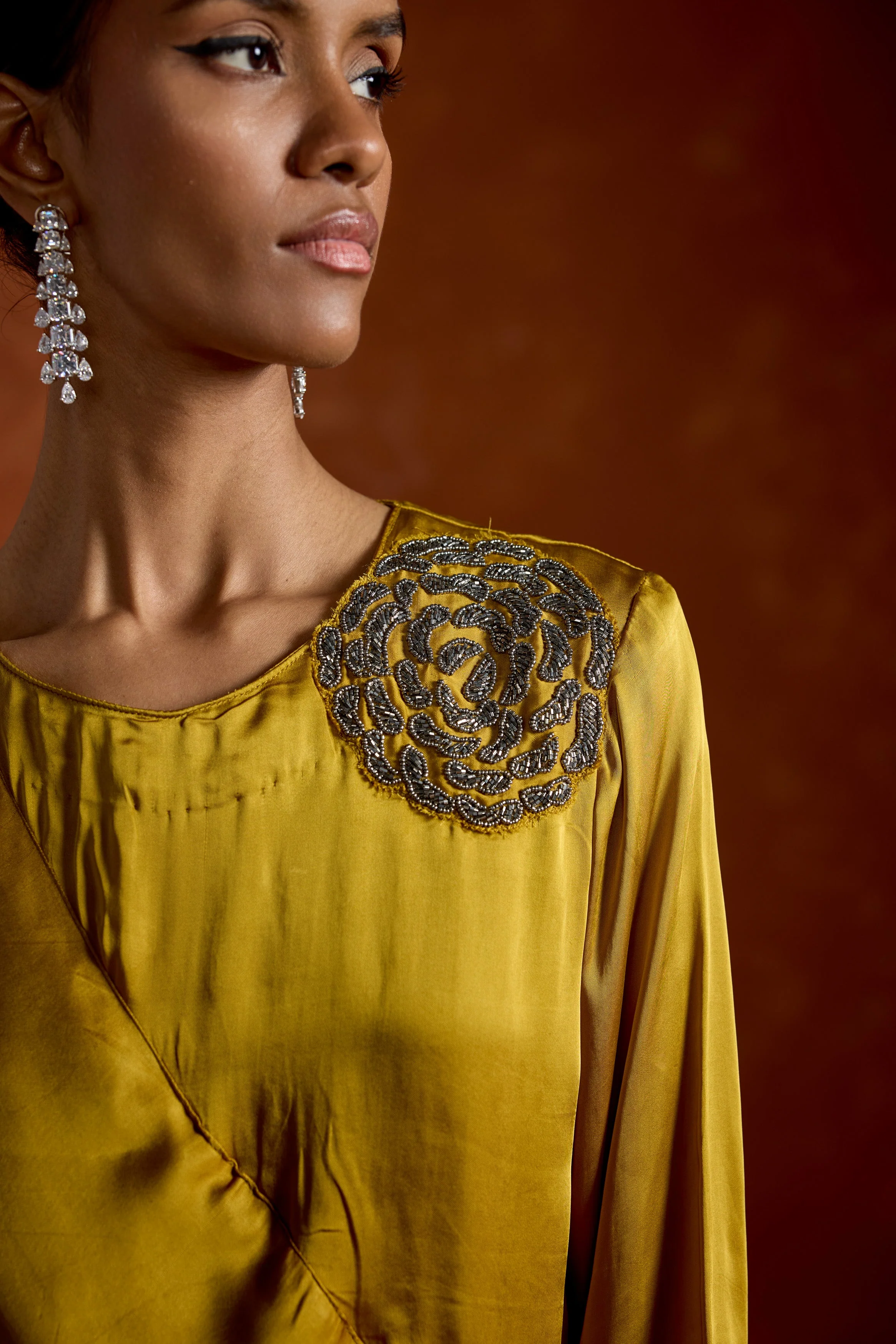 Mustard Yellow Embellished Satin Silk Gown - Image 2