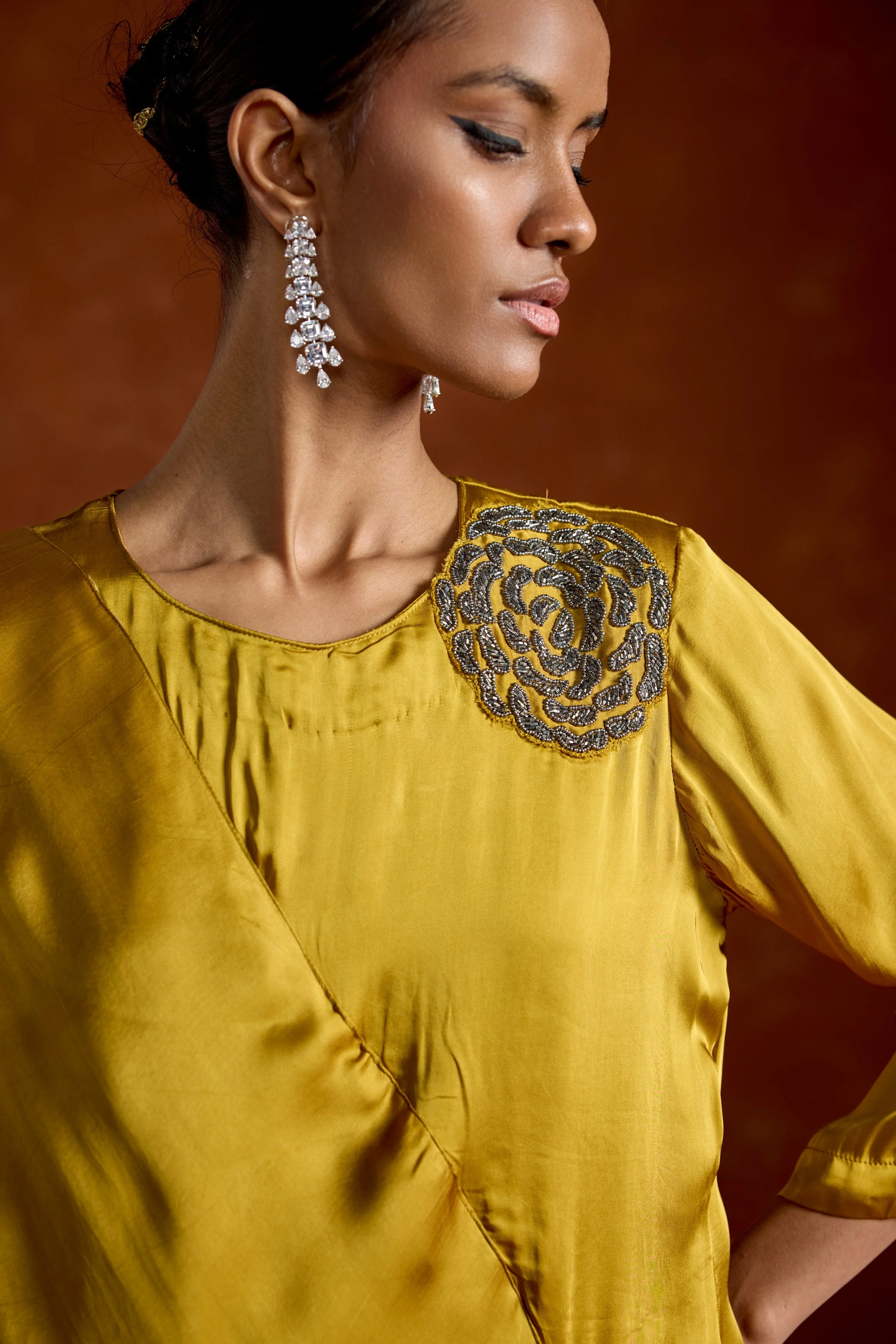 Mustard Yellow Embellished Satin Silk Gown - Image 3